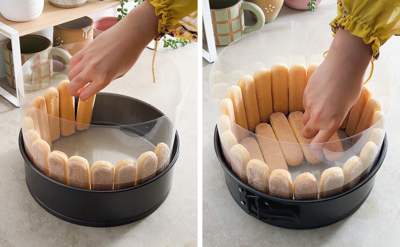 Left to right: hand placing ladyfingers around side of pan, hand placing ladyfingers on the bottom of pan.