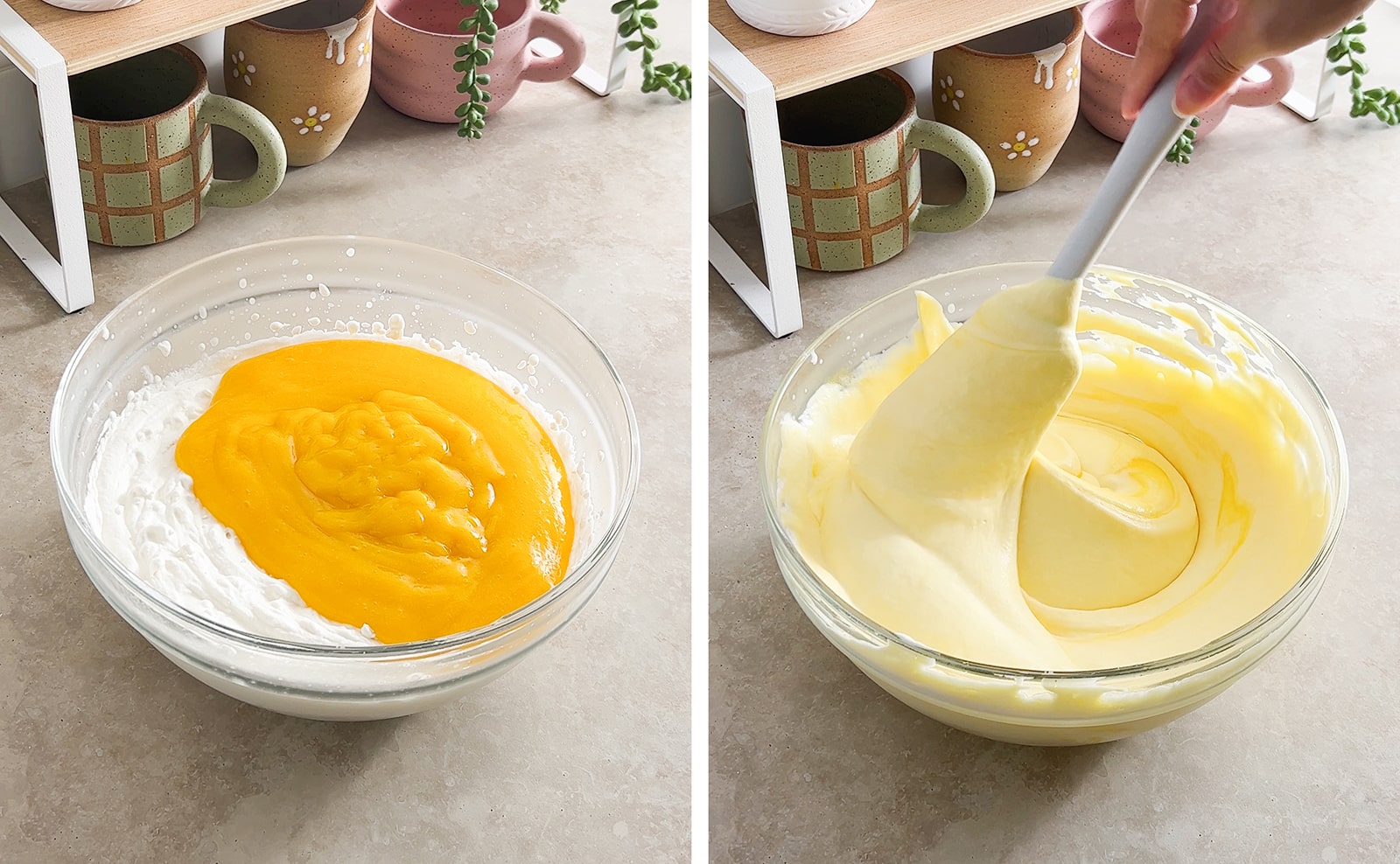 Left to right: mango puree in bowl of whipped cream, spatula folding mango puree and whipped cream together.