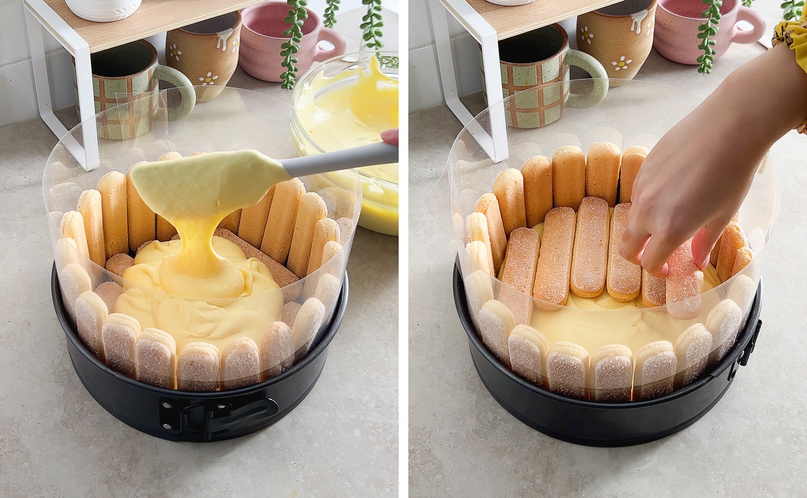 Left to right: spatula dropping mango mousse mixture into pan, hand placing down layer of ladyfingers on top of mousse.