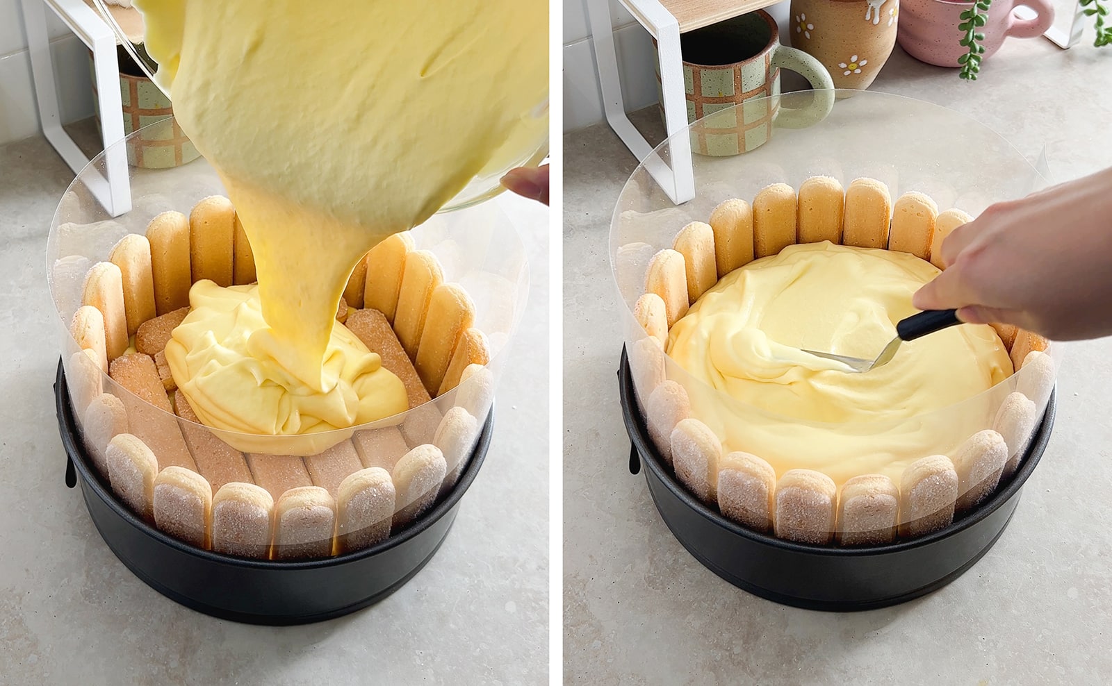 Left to right: pouring mango mousse mixture on top of ladyfinger layer, hand using offset spatula to smooth top of mousse mixture.
