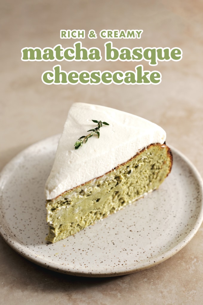 A slice of matcha cheesecake on a plate.