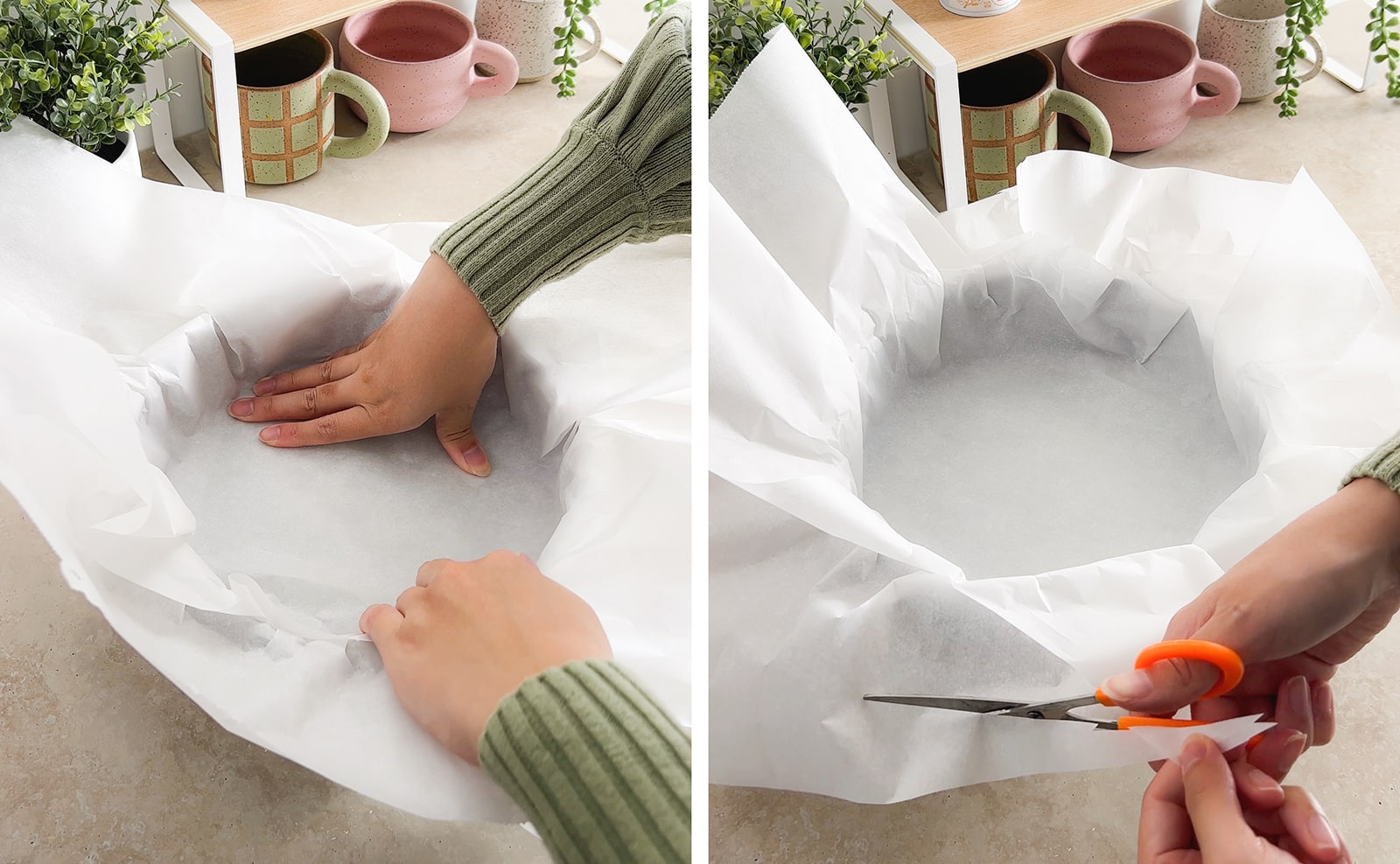 Left to right: hands shaping parchment paper into pan, cutting excess parchment paper with scissors.