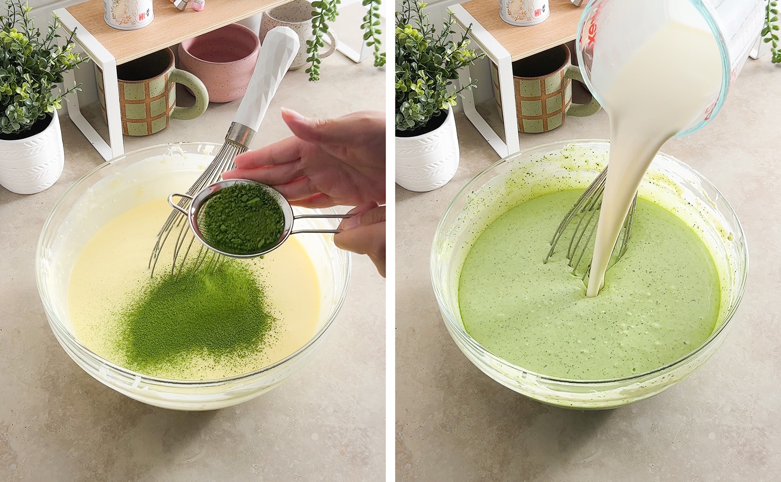Left to right: sifting matcha into a bowl of batter, pouring cream into bowl of batter.
