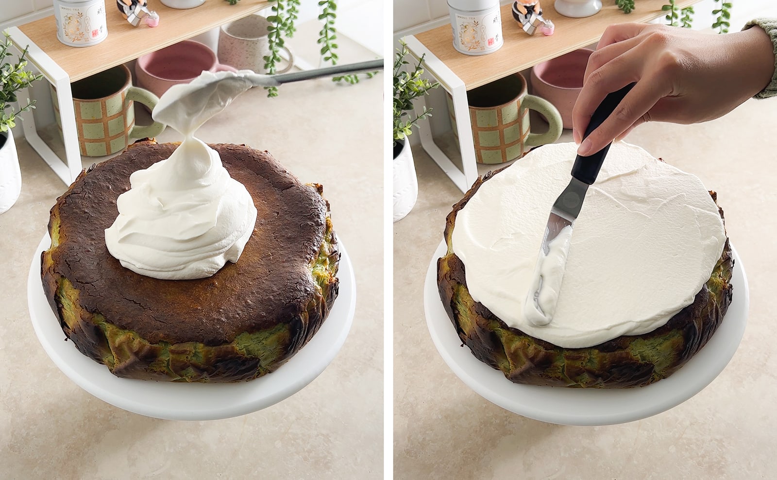 Left to right: baked matcha basque cheesecake on parchment paper, pile of whipped cream on top of cheesecake.