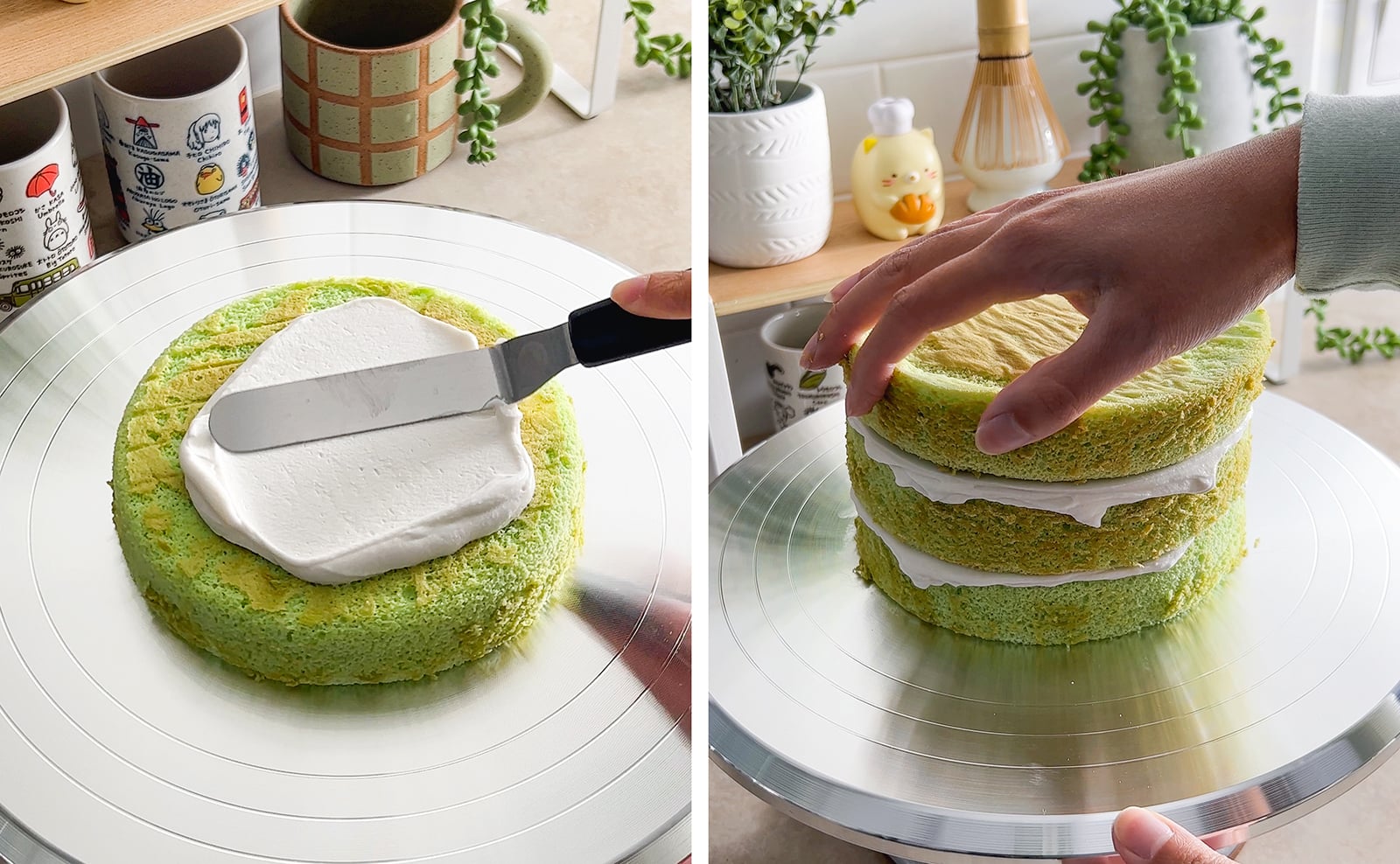 Left to right: spreading coconut cream on top of a pandan cake layer, hand placing a cake layer on top of cake.