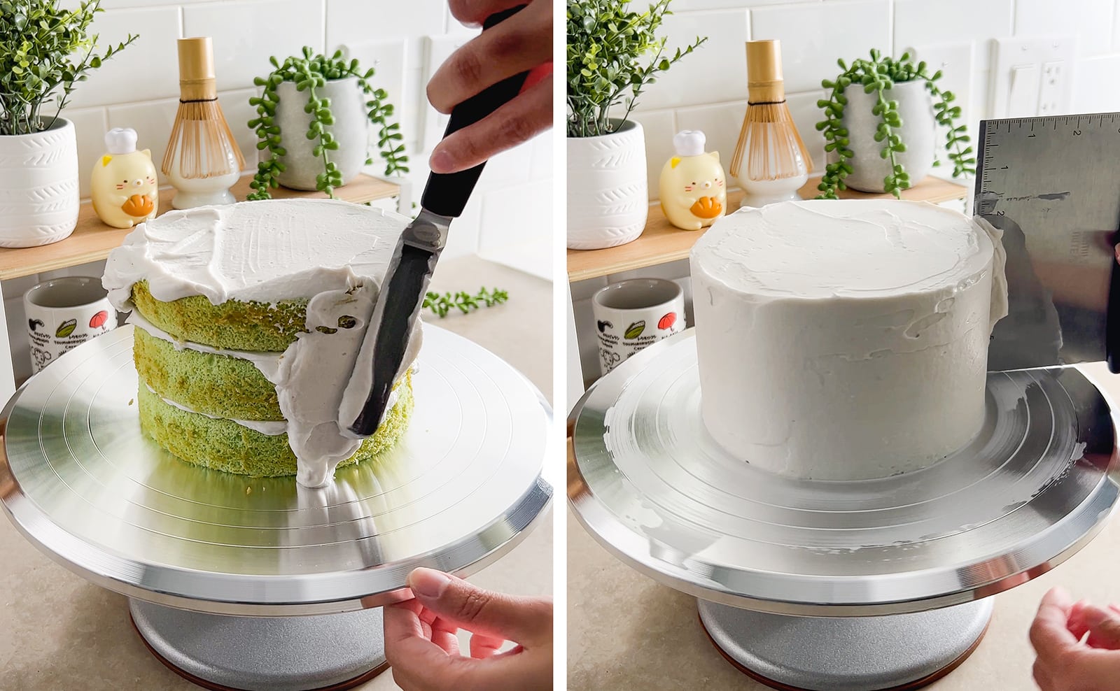 Left to right: spreading coconut cream on sides of cake with a spatula, scraping the frosting on cake with a bench scraper.