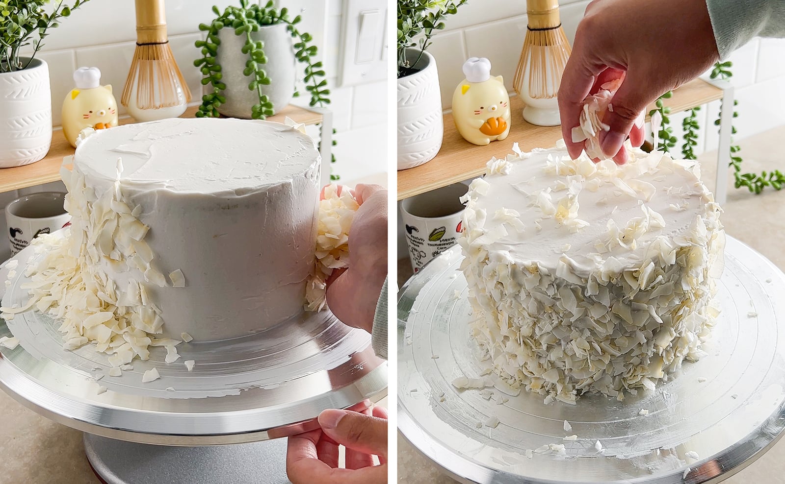 Left to right: applying a handful of coconut flakes to the sides of a cake, hand sprinkling coconut flakes on top of a cake.