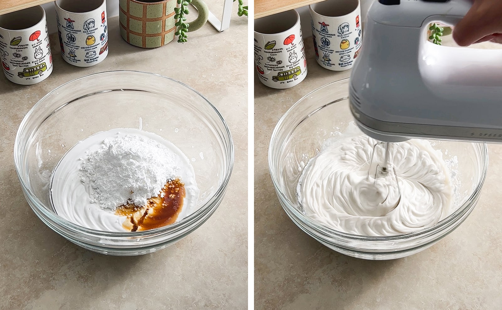 Left to right: coconut cream, sugar, and vanilla in a bowl; mixing a bowl of coconut cream with a hand mixer.