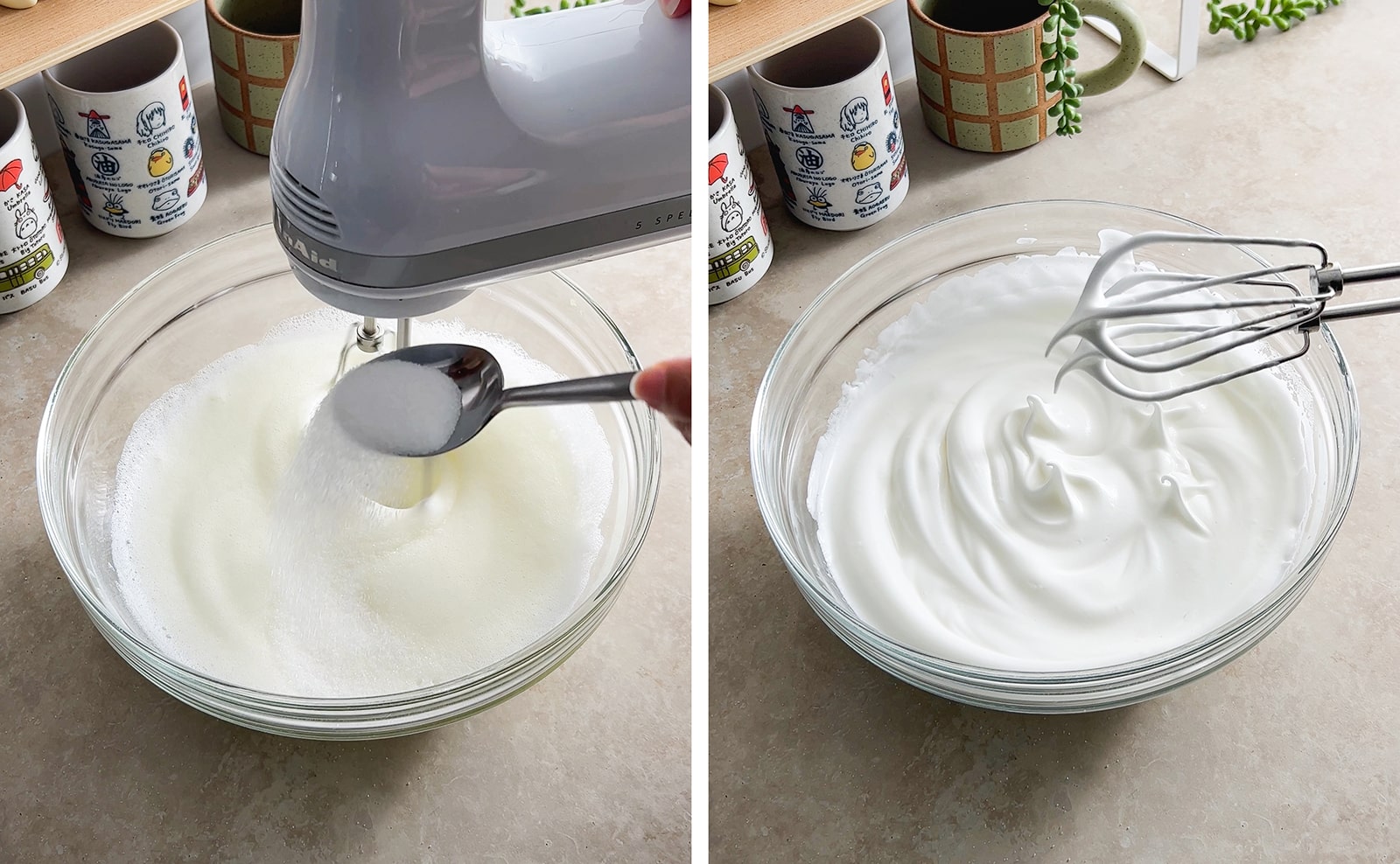 Left to right: sprinkling sugar into a bowl of egg whites from a spoon, lifting beater out of meringue to show stiff peaks.