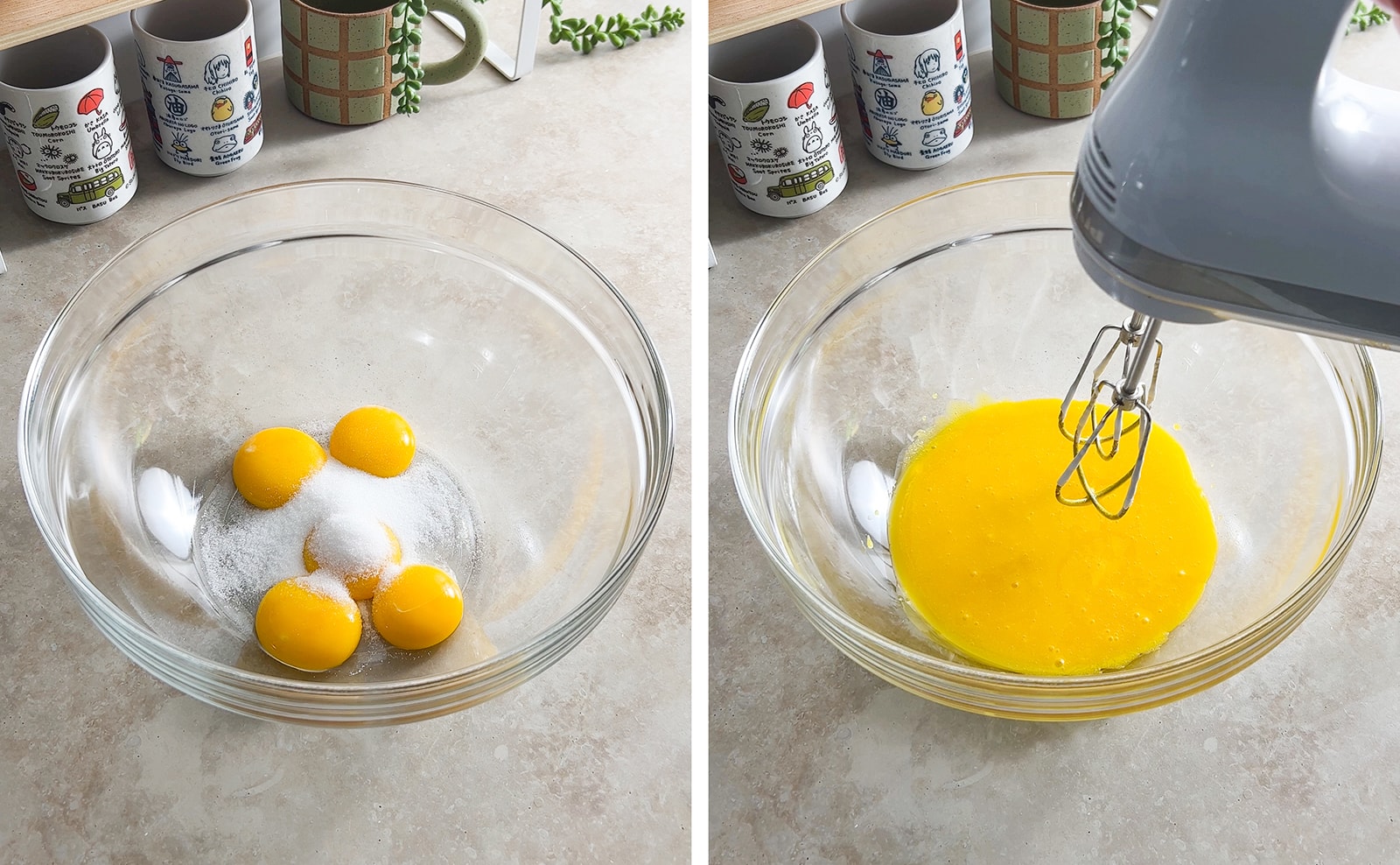 Left to right: egg yolks and sugar in a mixing bowl, mixing egg yolk mixture with a hand mixer.