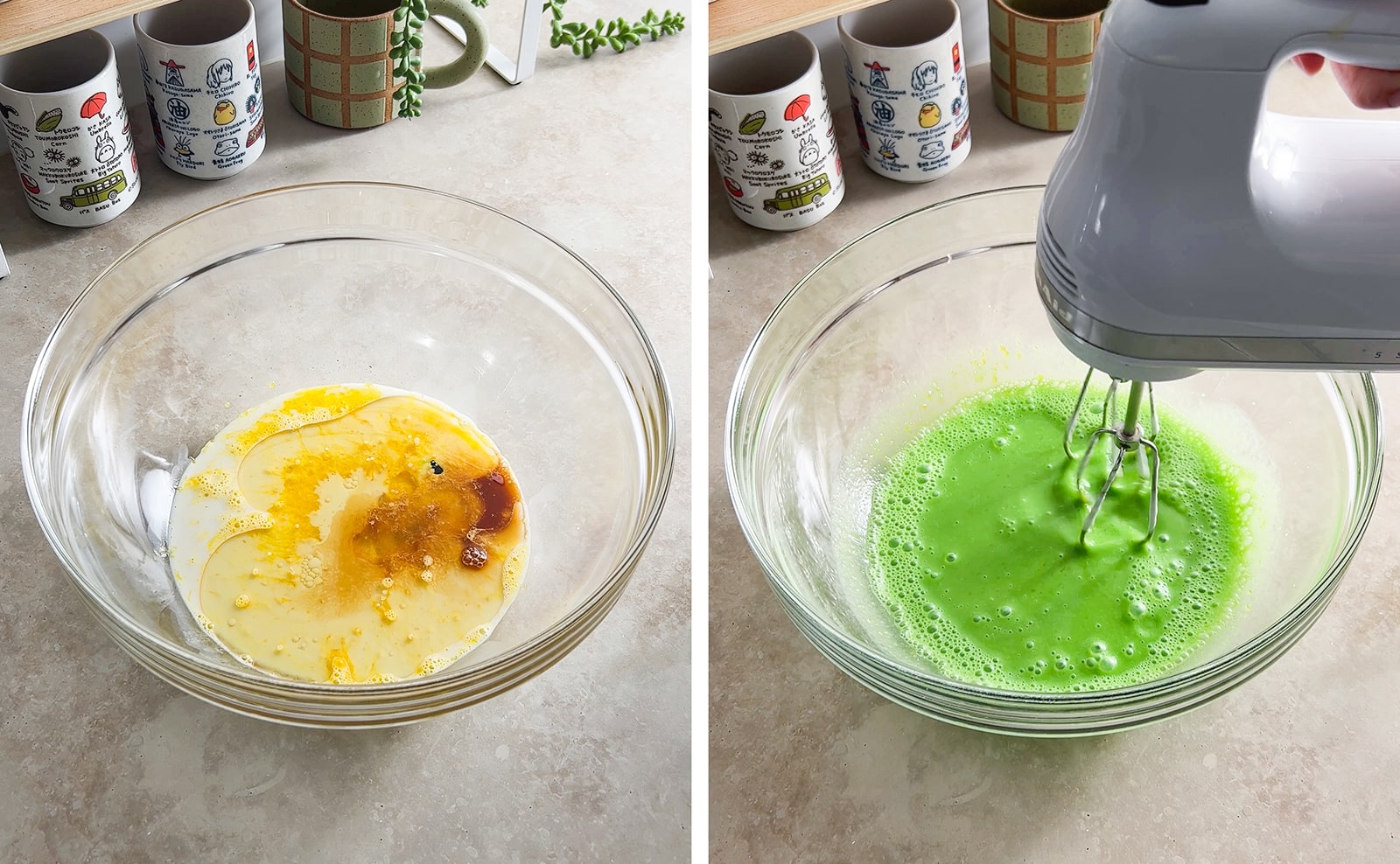 Left to right: wet ingredients in mixing bowl, mixing green cake batter with hand mixer.