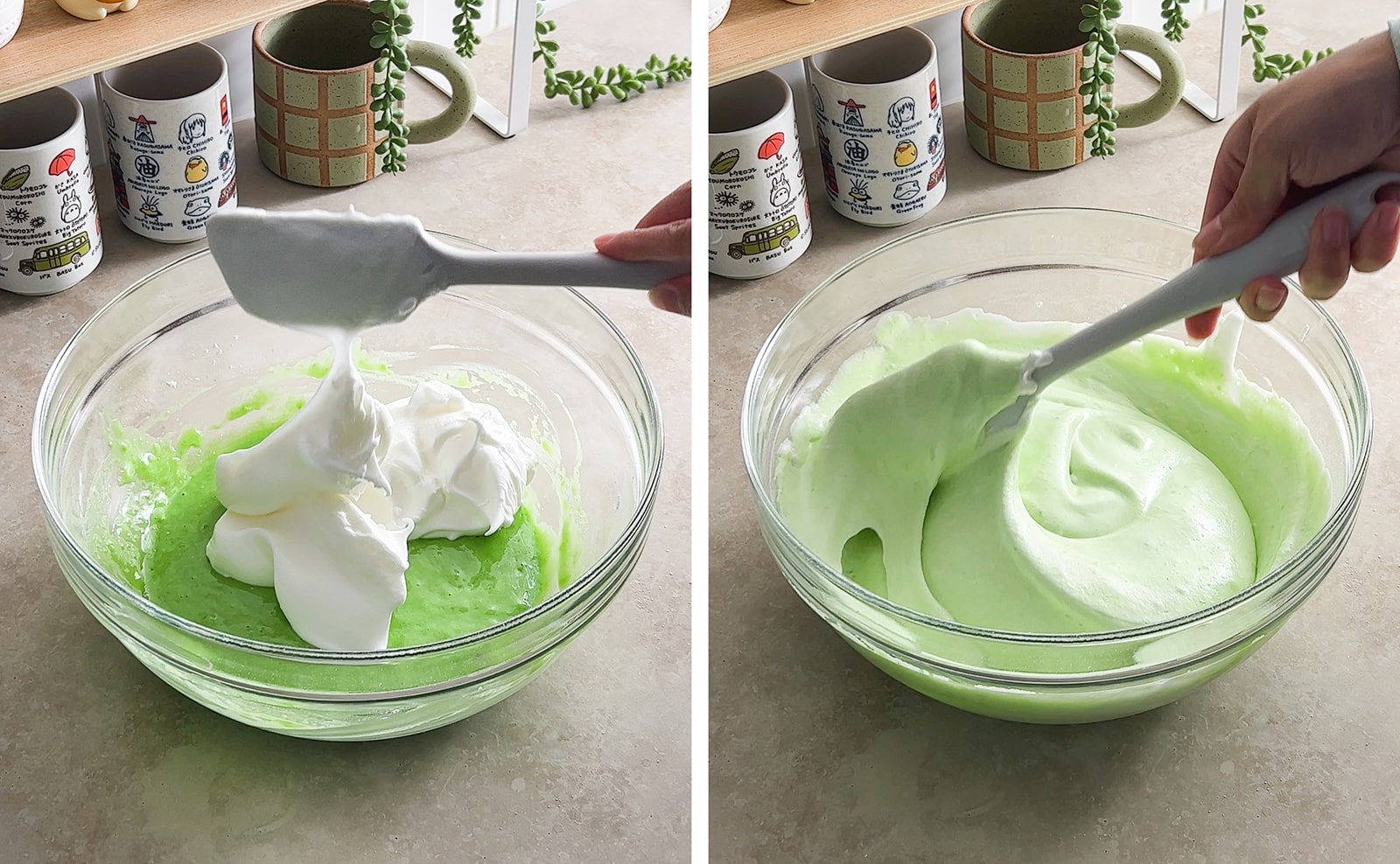 Left to right: spatula dropping meringue into green cake batter, spatula folding cake batter together in bowl.