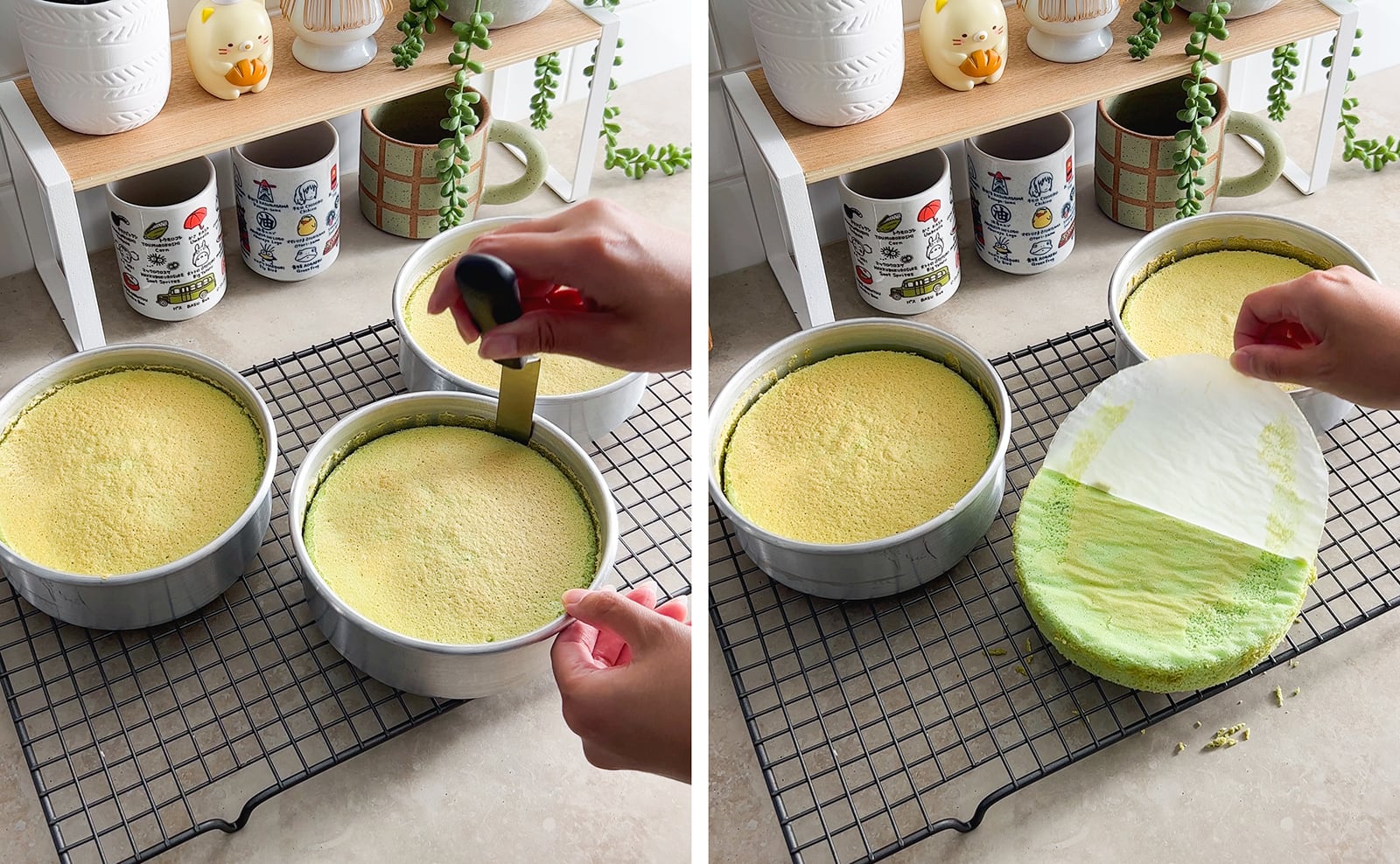 Left to right: hand running a spatula around the edges of a cake pan, hand peeling parchment paper off a cake layer.