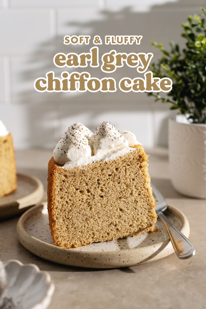 A slice of earl grey chiffon cake on a plate with a fork.