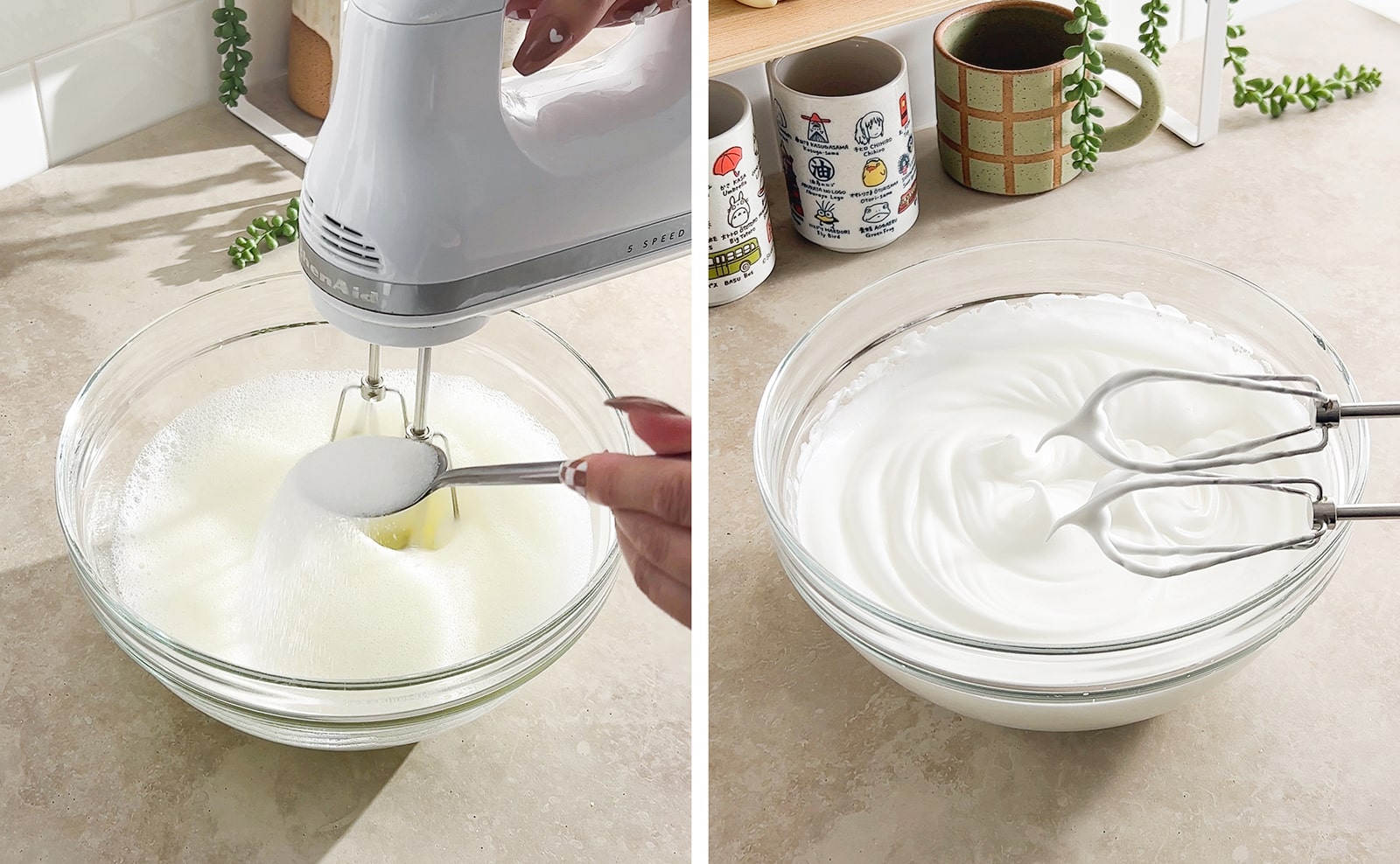 Left to right: spoon sprinkling sugar into bowl of foamy egg whites, stiff meringue peaks on mixer attachment.