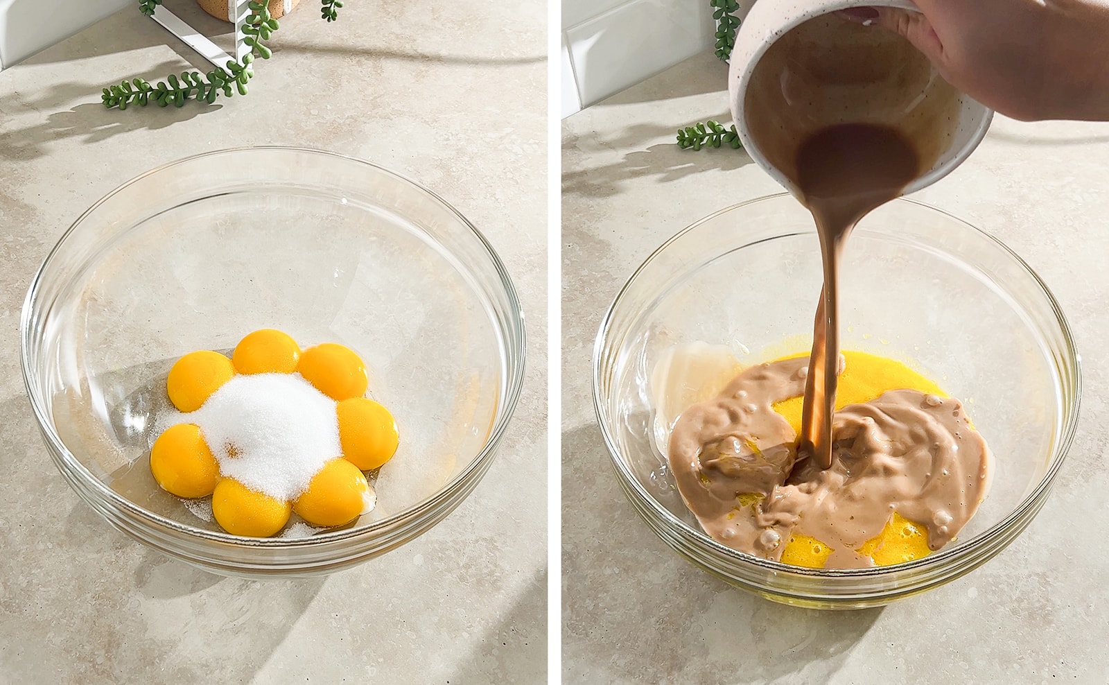 Left to right: egg yolks and sugar in mixing bowl, pouring earl grey milk into egg yolk mixture.