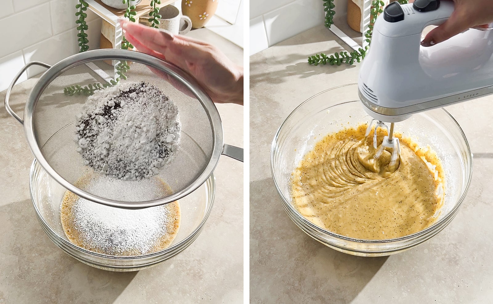 Left to right: sifting flour and tea into bowl of batter, mixing cake batter with hand mixer.