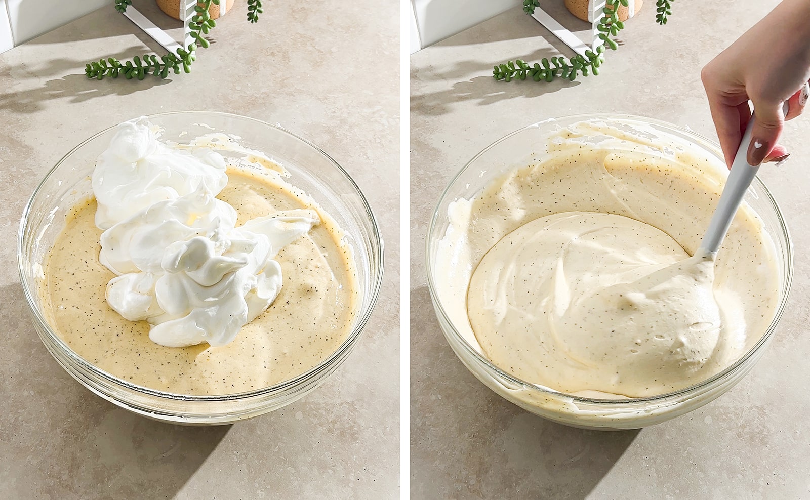 Left to right: clump of meringue in bowl of batter, folding chiffon cake batter with spatula.