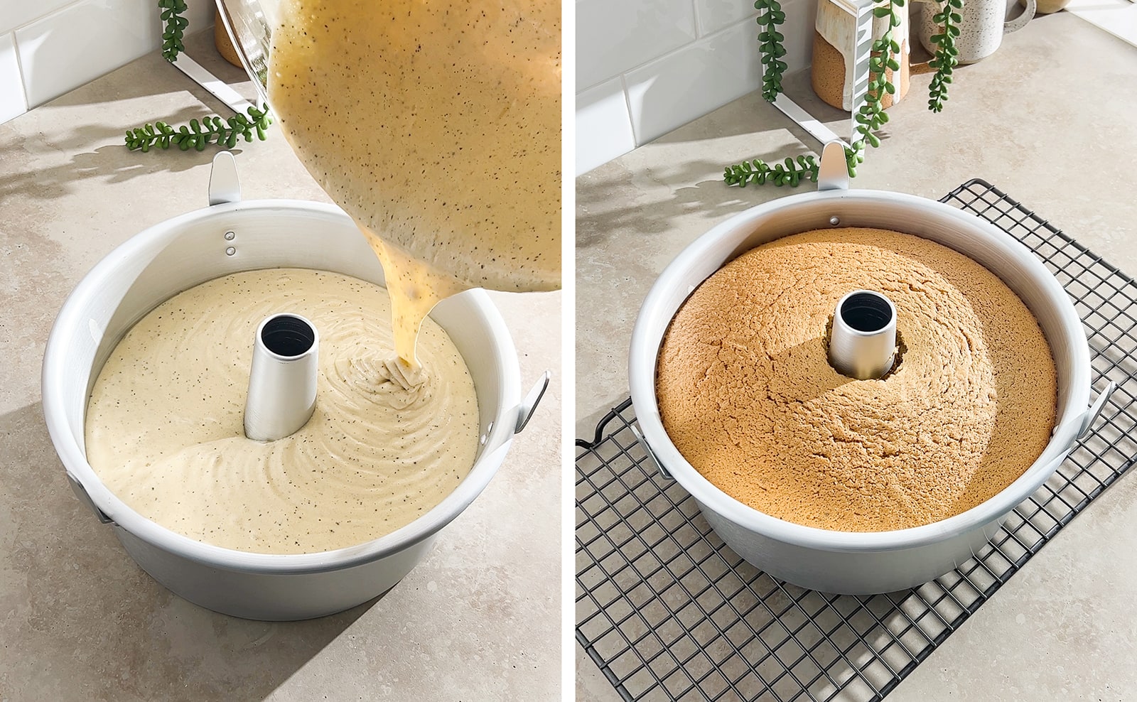 Left to right: pouring cake batter into tube pan, baked chiffon cake in tube pan.