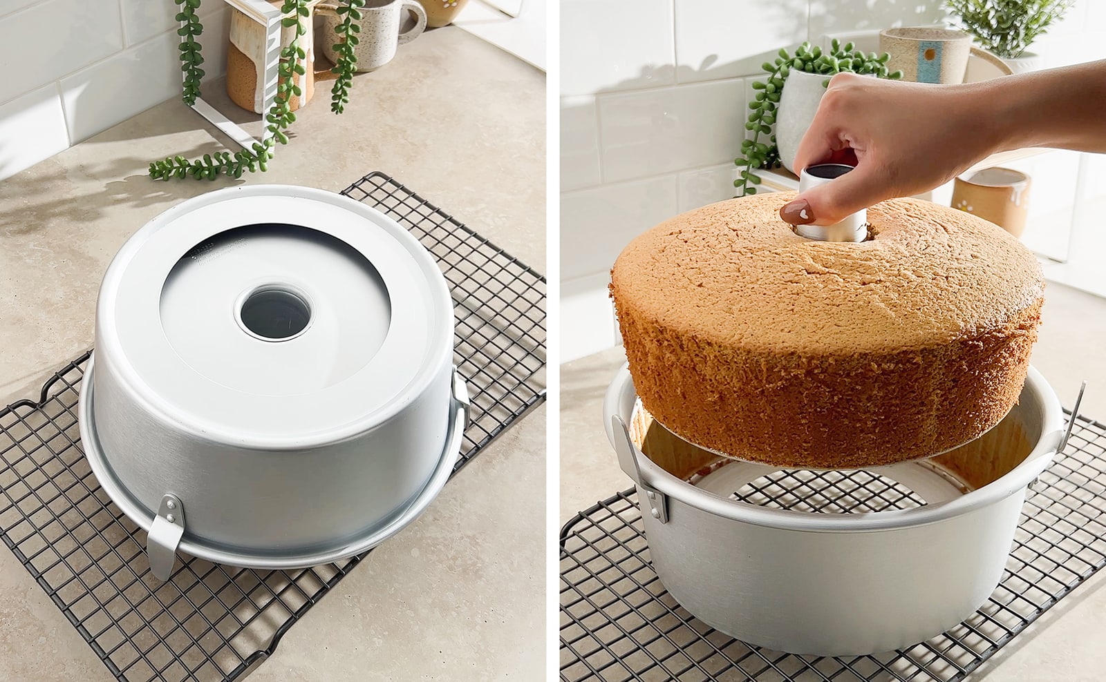 Left to right: tube pan flipped upside down on wire rack, hand pulling chiffon cake out of pan.