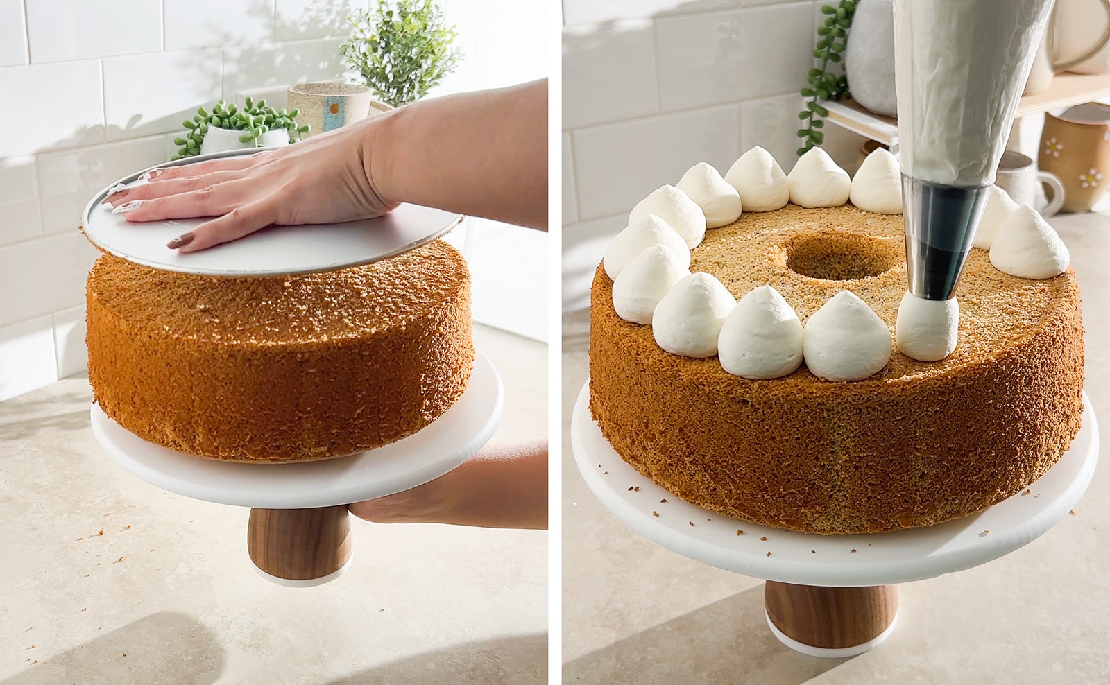 Left to right: hands flipping chiffon cake onto cake stand, piping whipped cream dollops on top of chiffon cake.