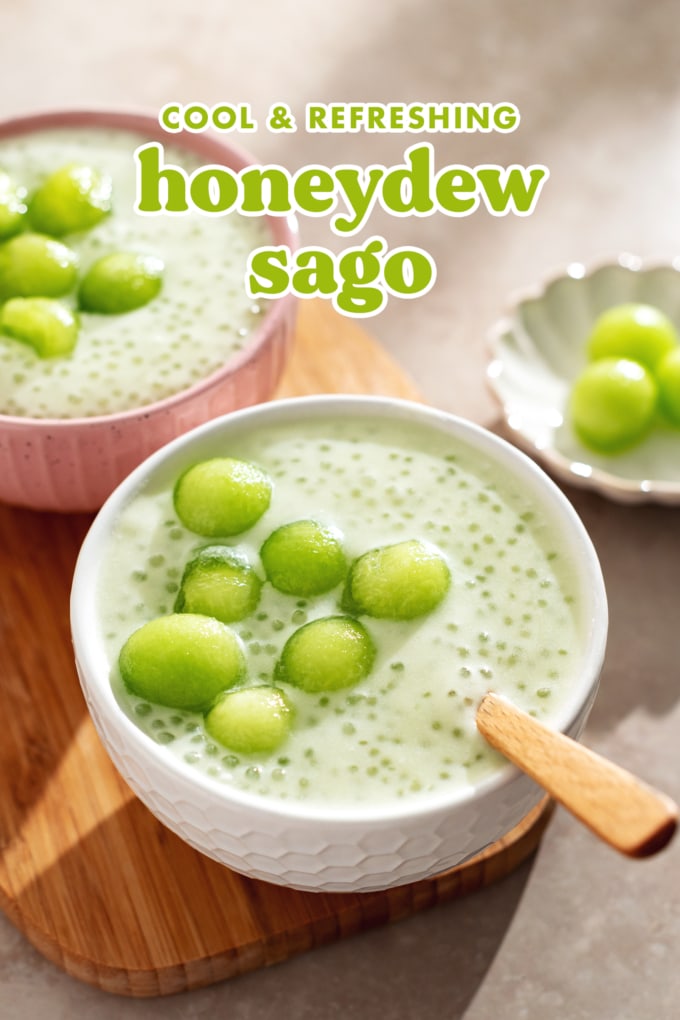 Two bowls of honeydew sago pudding with honeydew melon balls on top.