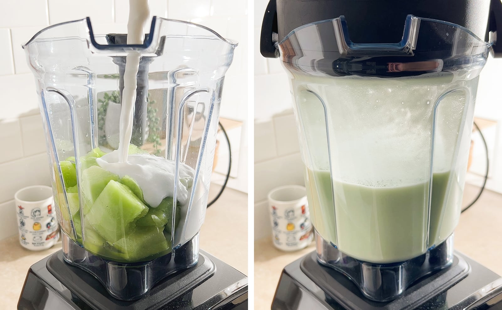 Left to right: pouring coconut milk into blender full of honeydew chunks, blended honeydew milk in a blender.