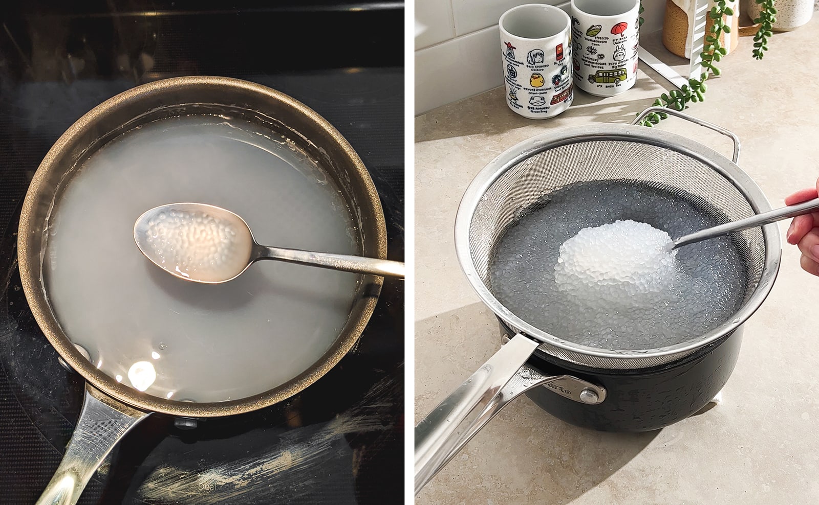 Left to right: spoon lifting cooked tapioca pearls above a pot of water, spoon lifting cooked and drained tapioca pearls out of a fine mesh sieve.