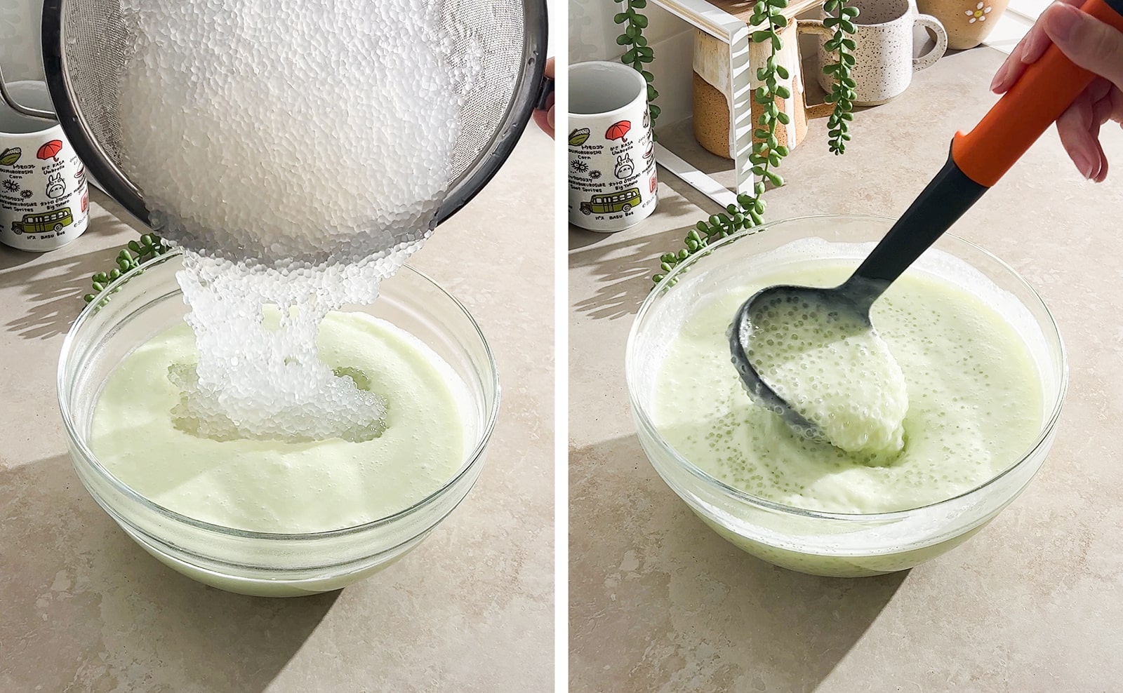 Left to right: pouring tapioca pearls into honeydew milk, a ladle scooping out honeydew sago from mixing bowl.