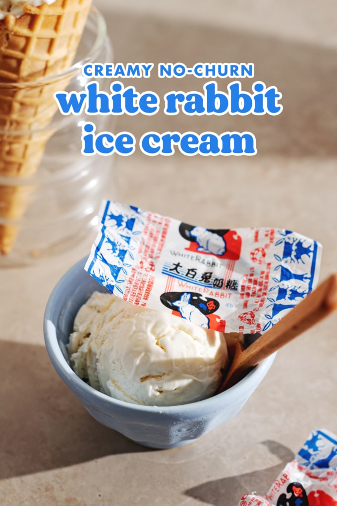 Blue bowl with a scoop of ice cream in it and white rabbit candy wrapper on top.