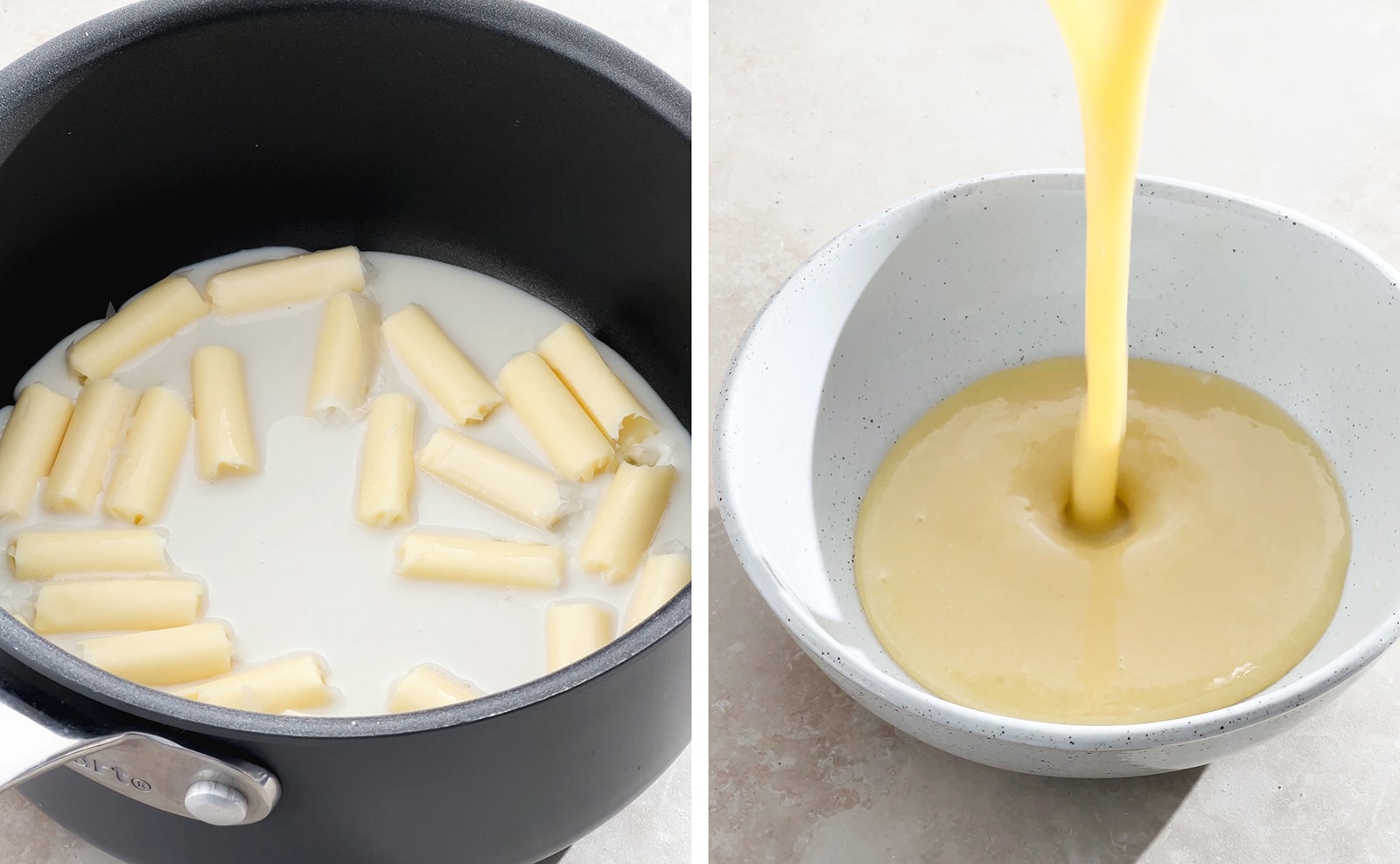 Left to right: white rabbit candies in a pot of milk, pouring melted white rabbit candy into a bowl.