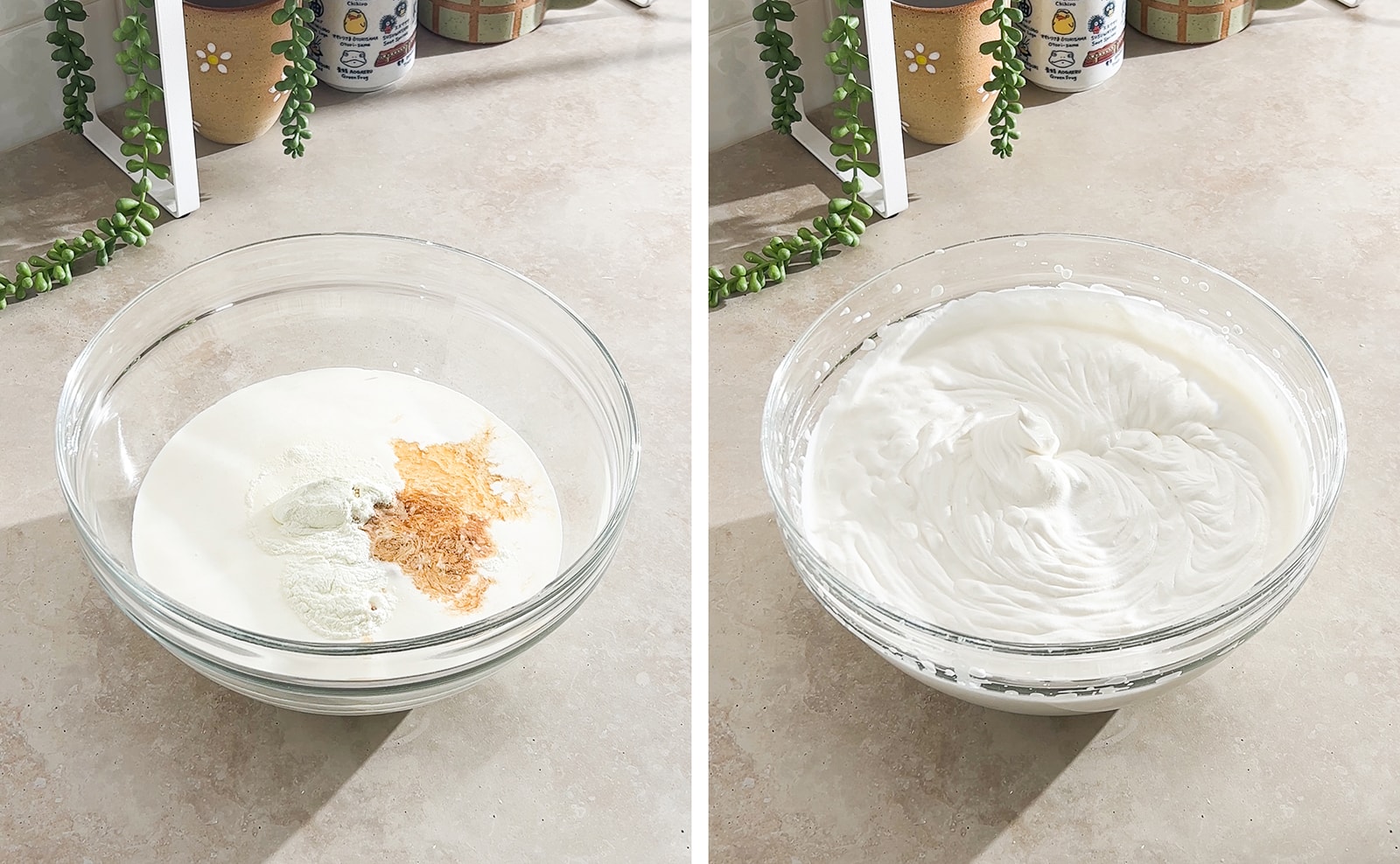 Left to right: ingredients for whipped cream in a bowl, whipped cream in a mixing bowl.