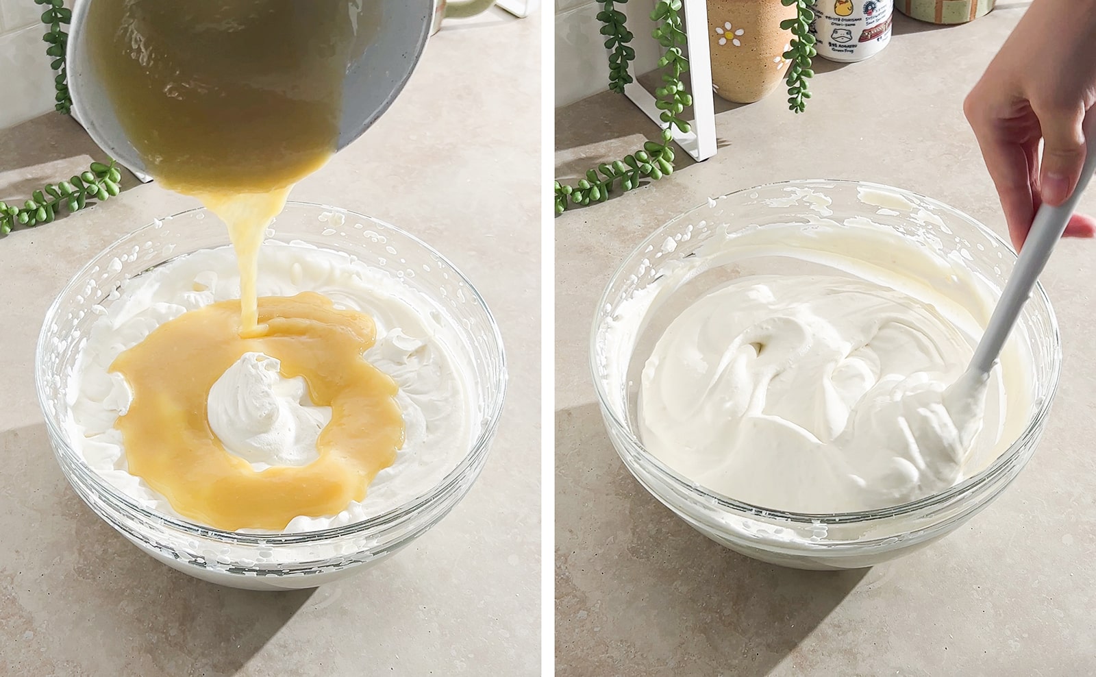 Left to right: pouring melted candy into bowl of whipped cream, hand folding whipped cream with a spatula.