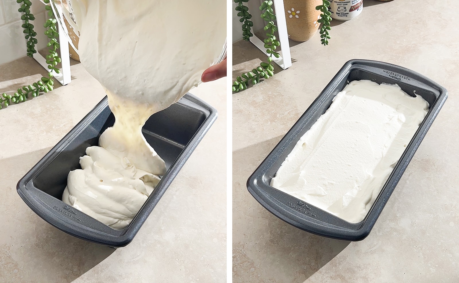 Left to right: pouring ice cream mixture into loaf pan, loaf pan of ice cream before freezing.