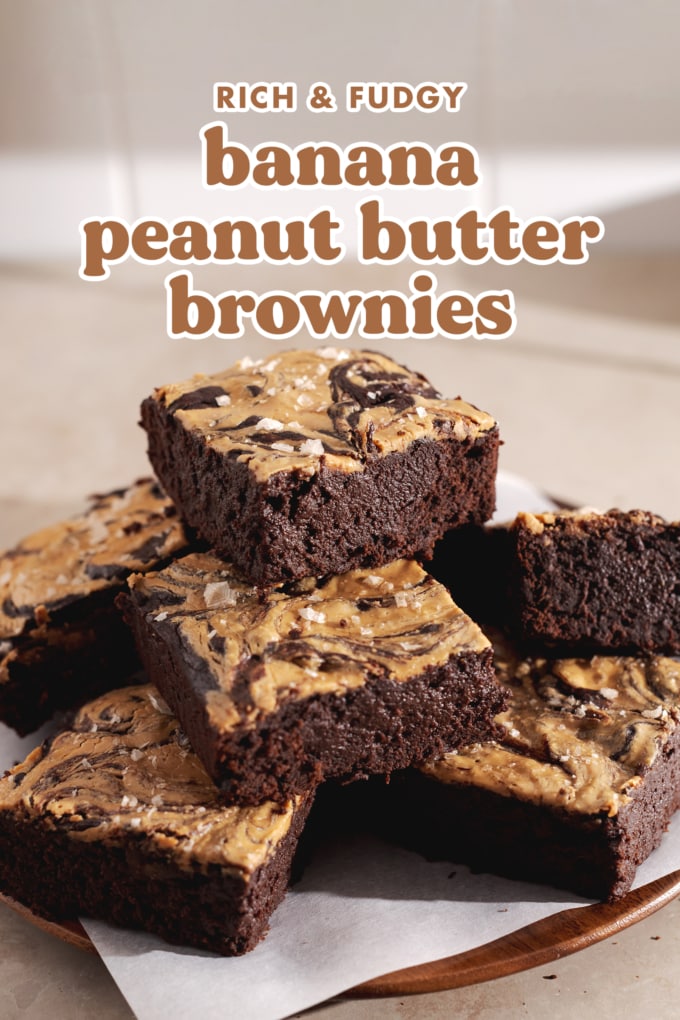 A stack of banana peanut butter brownies piled on a plate.