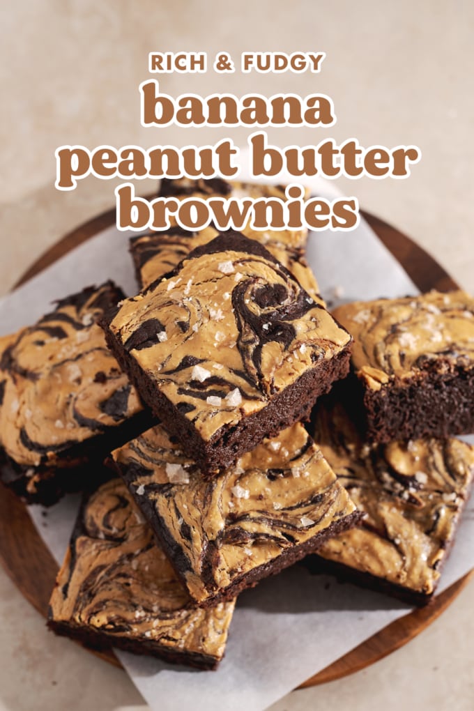 Top down view of a stack of peanut butter brownies on a plate.