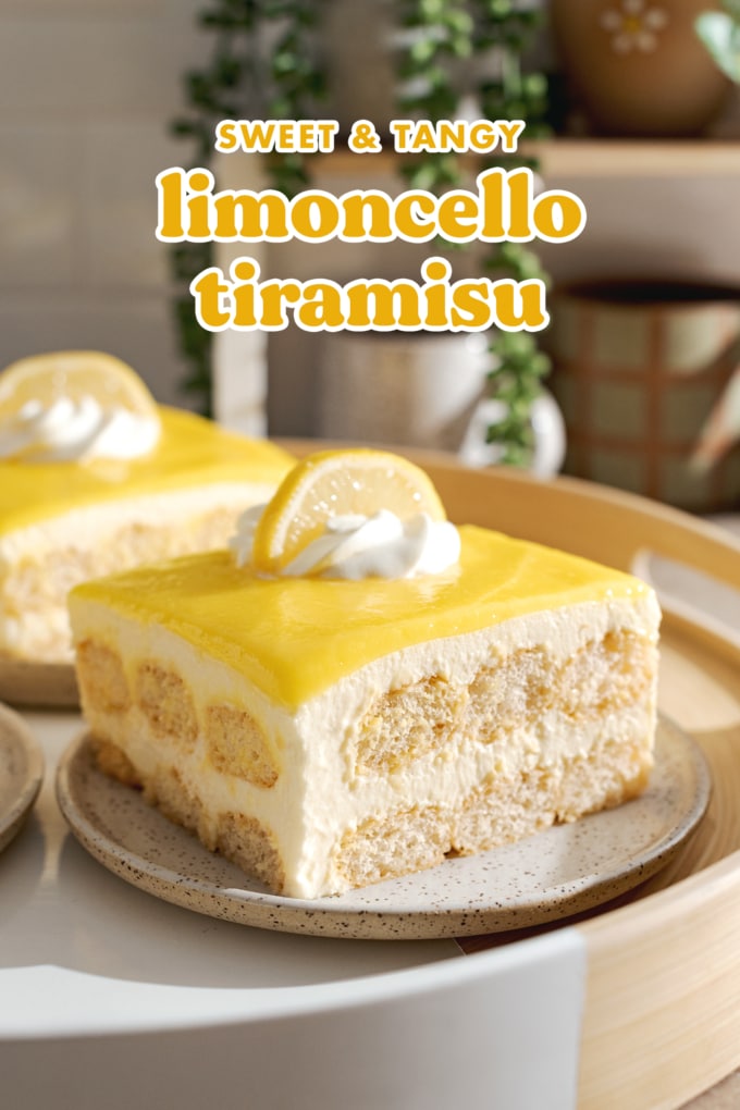 A slice of lemon curd tiramisu on a plate showing the layers inside.