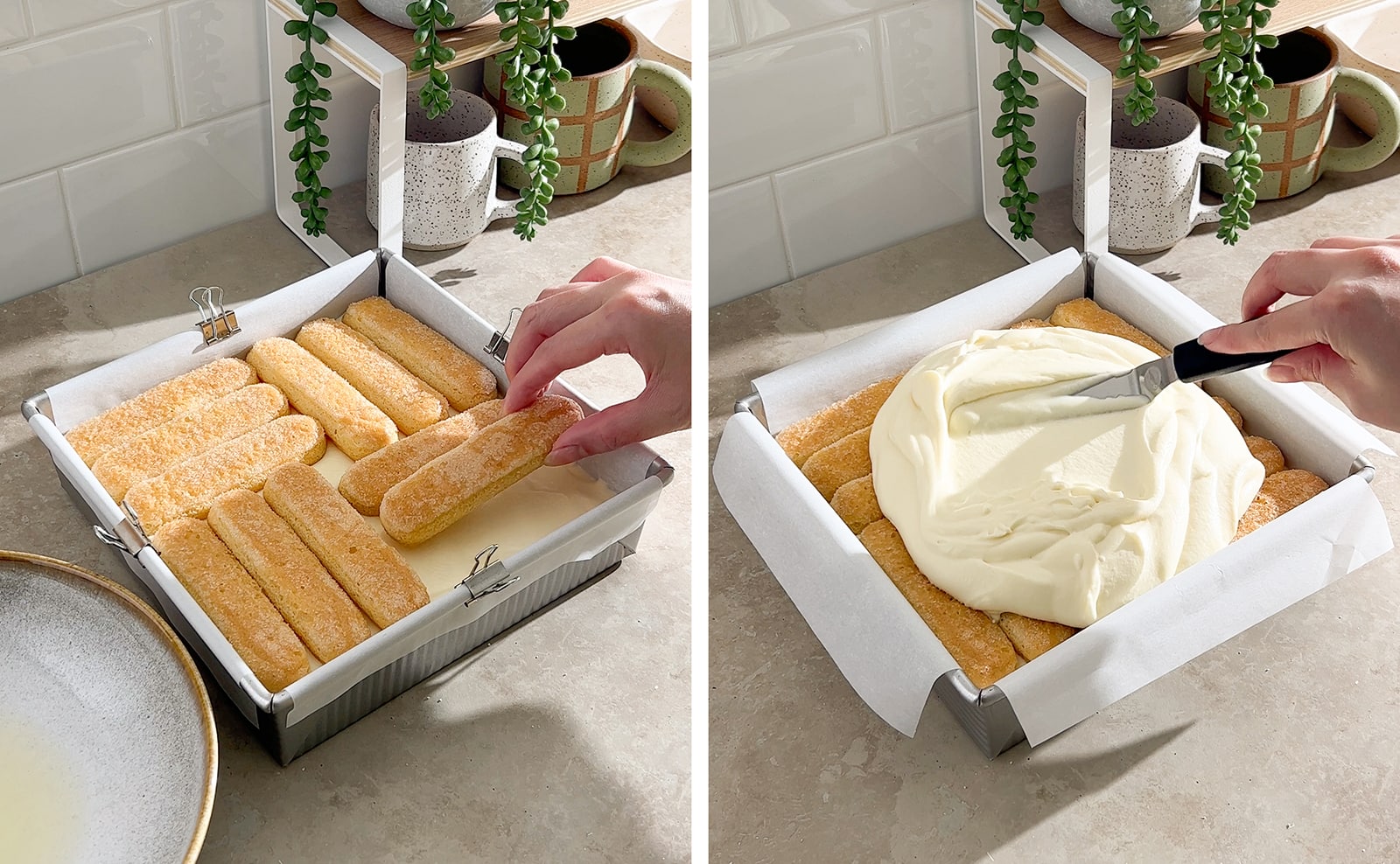 Left to right: smoothing mascarpone cream over layer of ladyfingers with a spatula, hand placing ladyfinger into pan.
