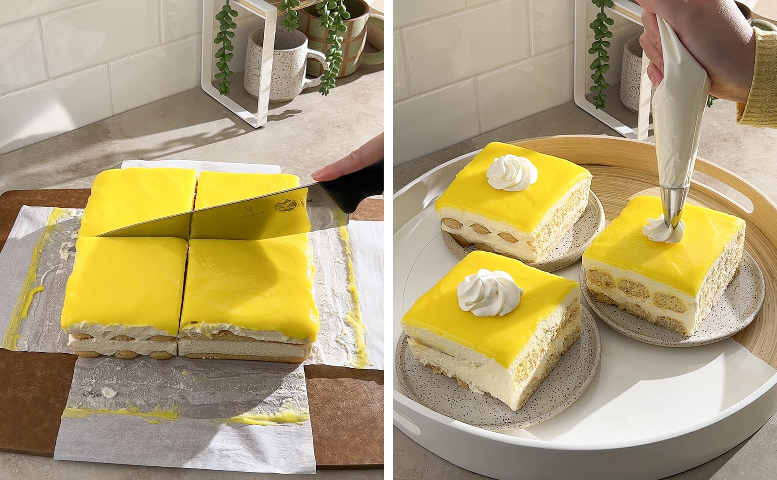 Left to right: cutting tiramisu into squares, piping whipped cream on top of tiramisu slices.