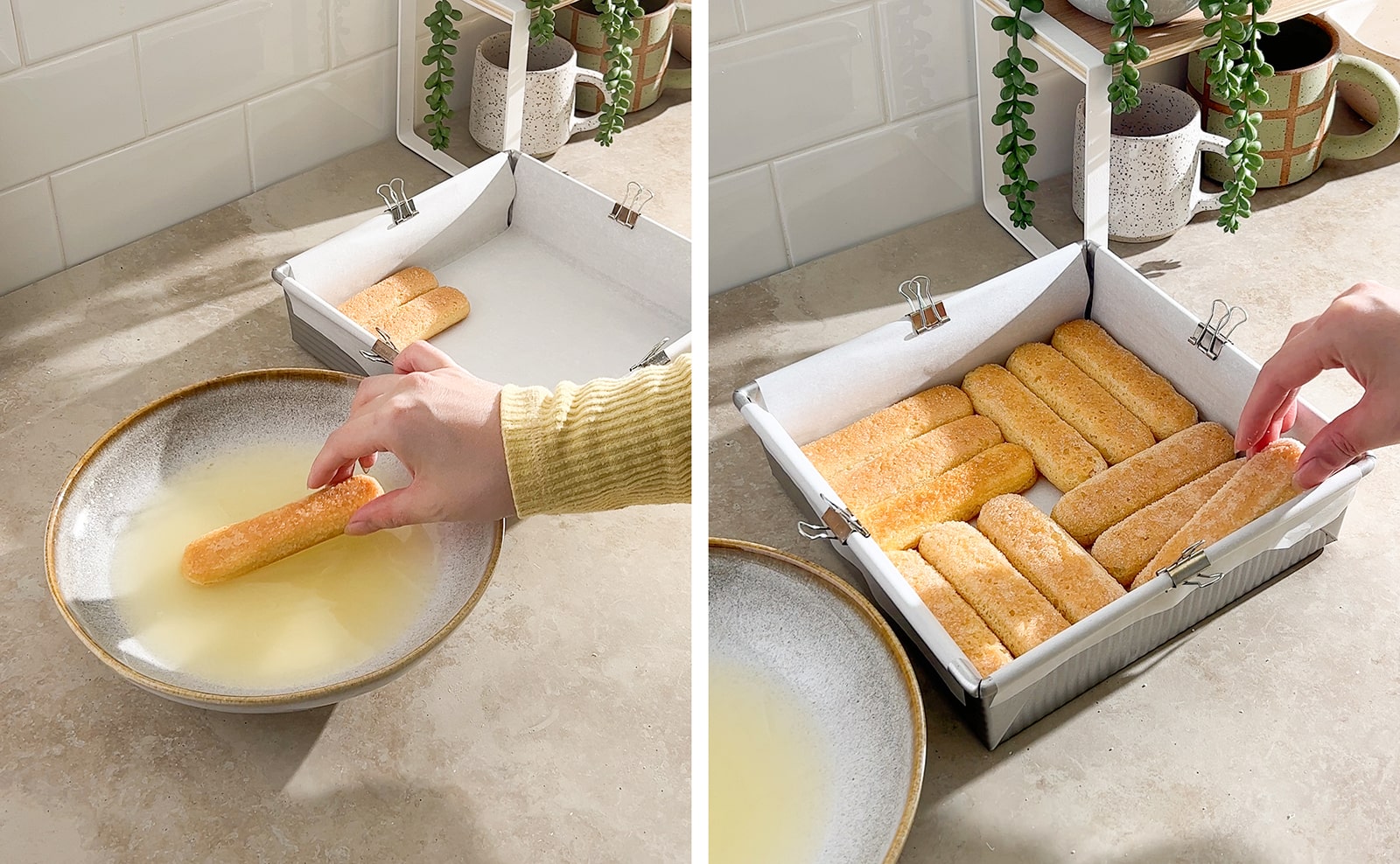 Left to right: hand dipping ladyfinger into bowl of limoncello, hand placing ladyfinger into pan of neatly arranged ladyfingers.