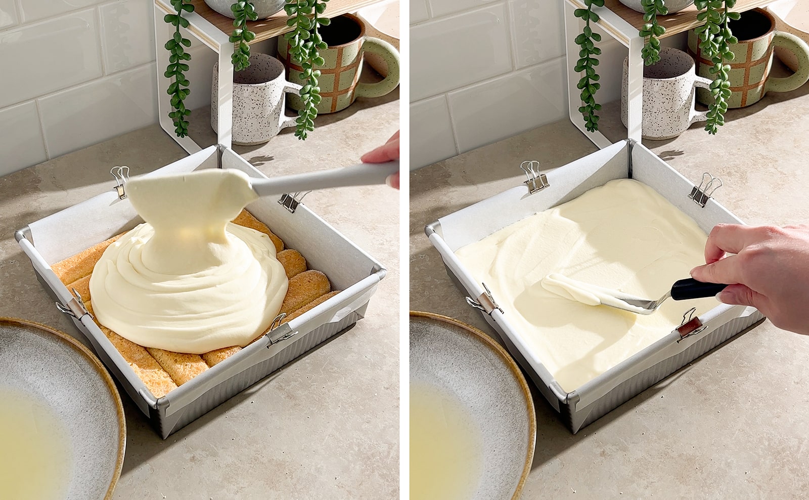 Left to right: dropping mascarpone into pan from spatula, smoothing mascarpone cream with an offset spatula.