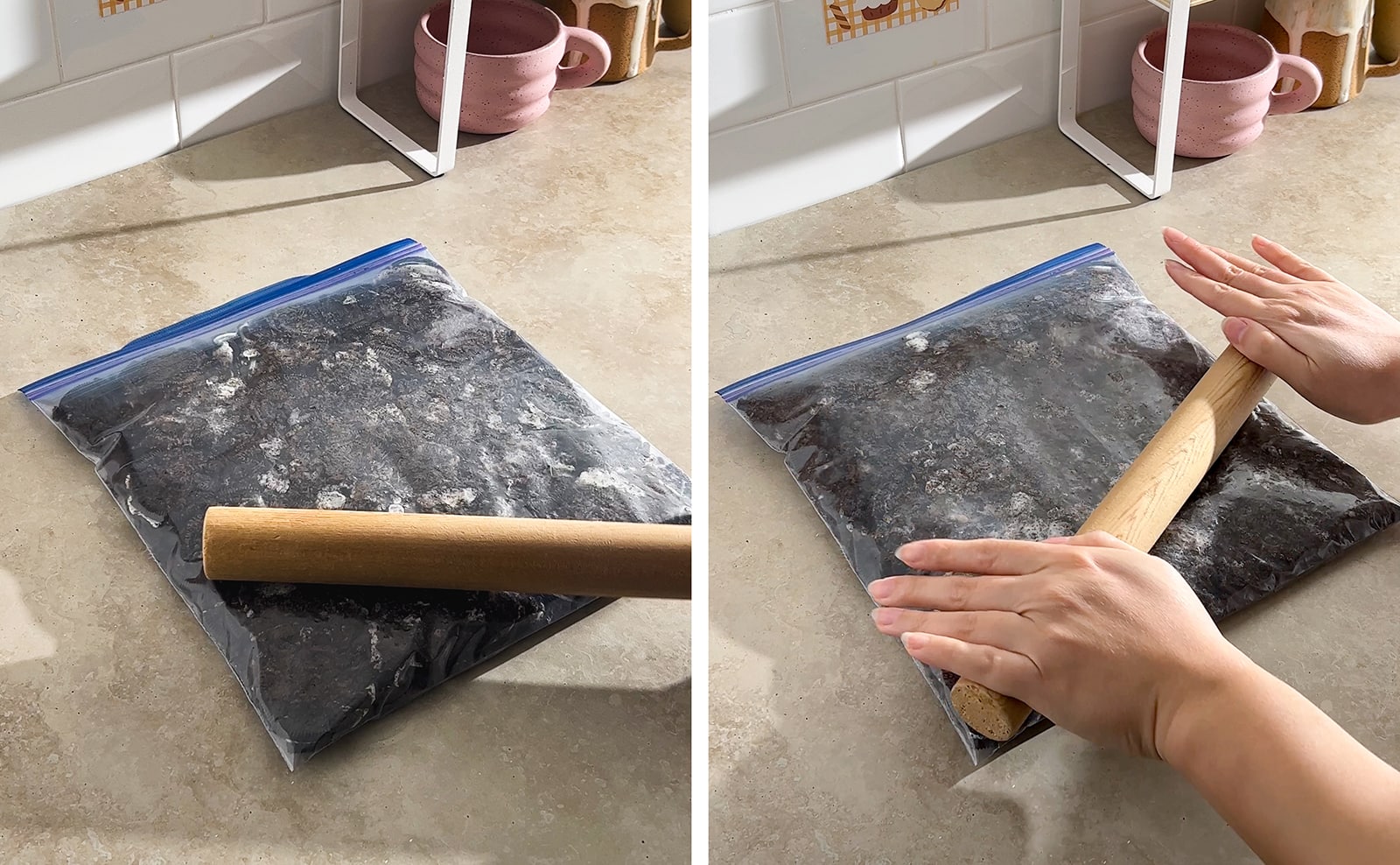 Left to right: whacking a wooden rolling pin on a ziploc bag of oreo cookies, crushing oreos in a bag with a rolling pin.