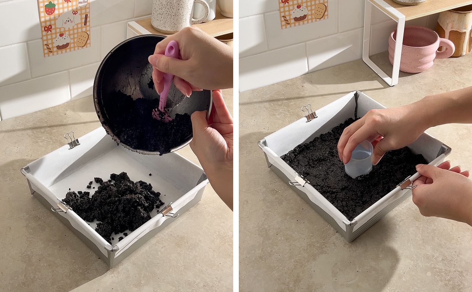 Left to right: dumping oreo crumbs into pan, hand pressing oreo crust into pan with a small cup.