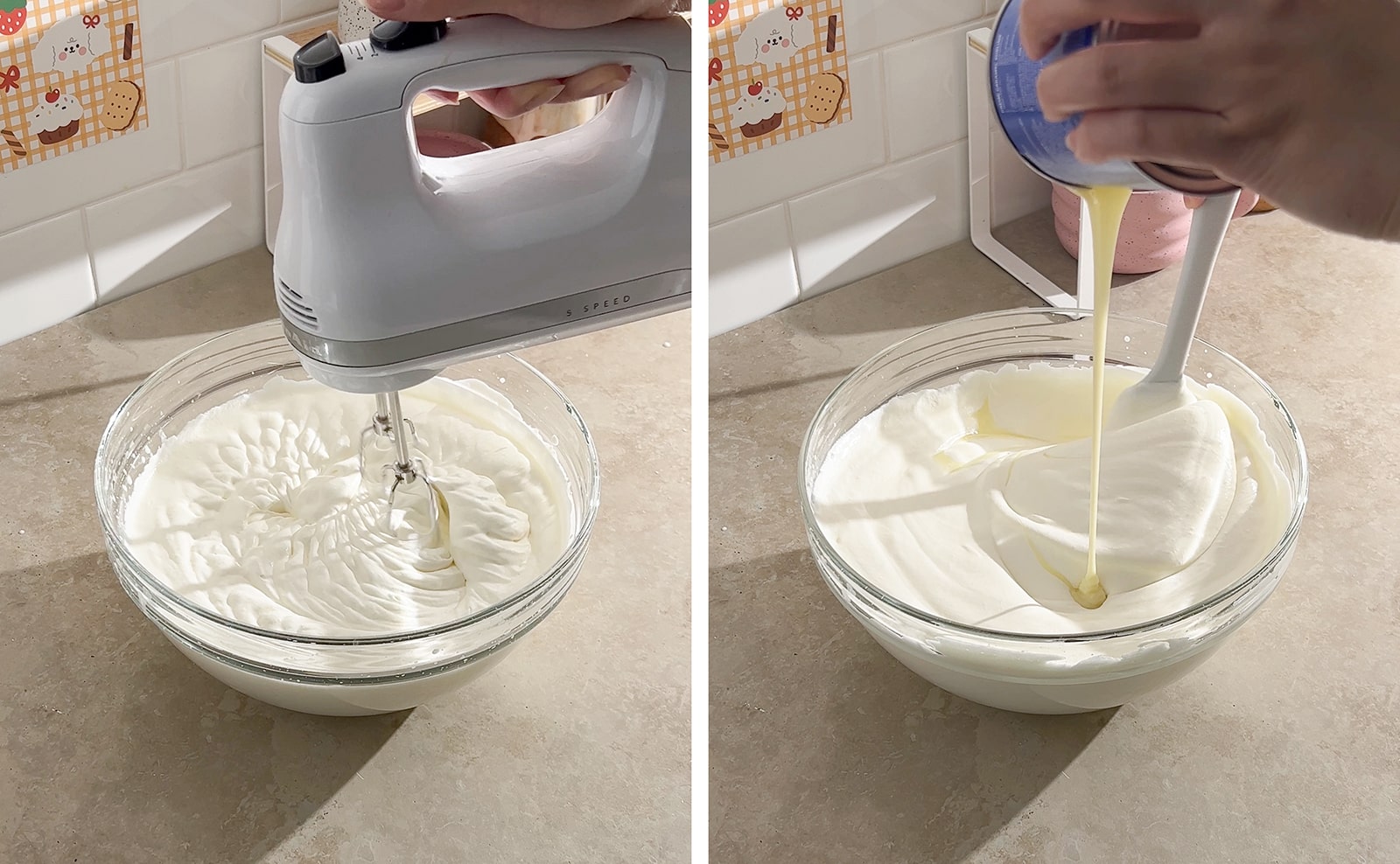 Left to right: hand mixer in a bowl of whipped cream, hand pouring condensed milk into whipped cream.