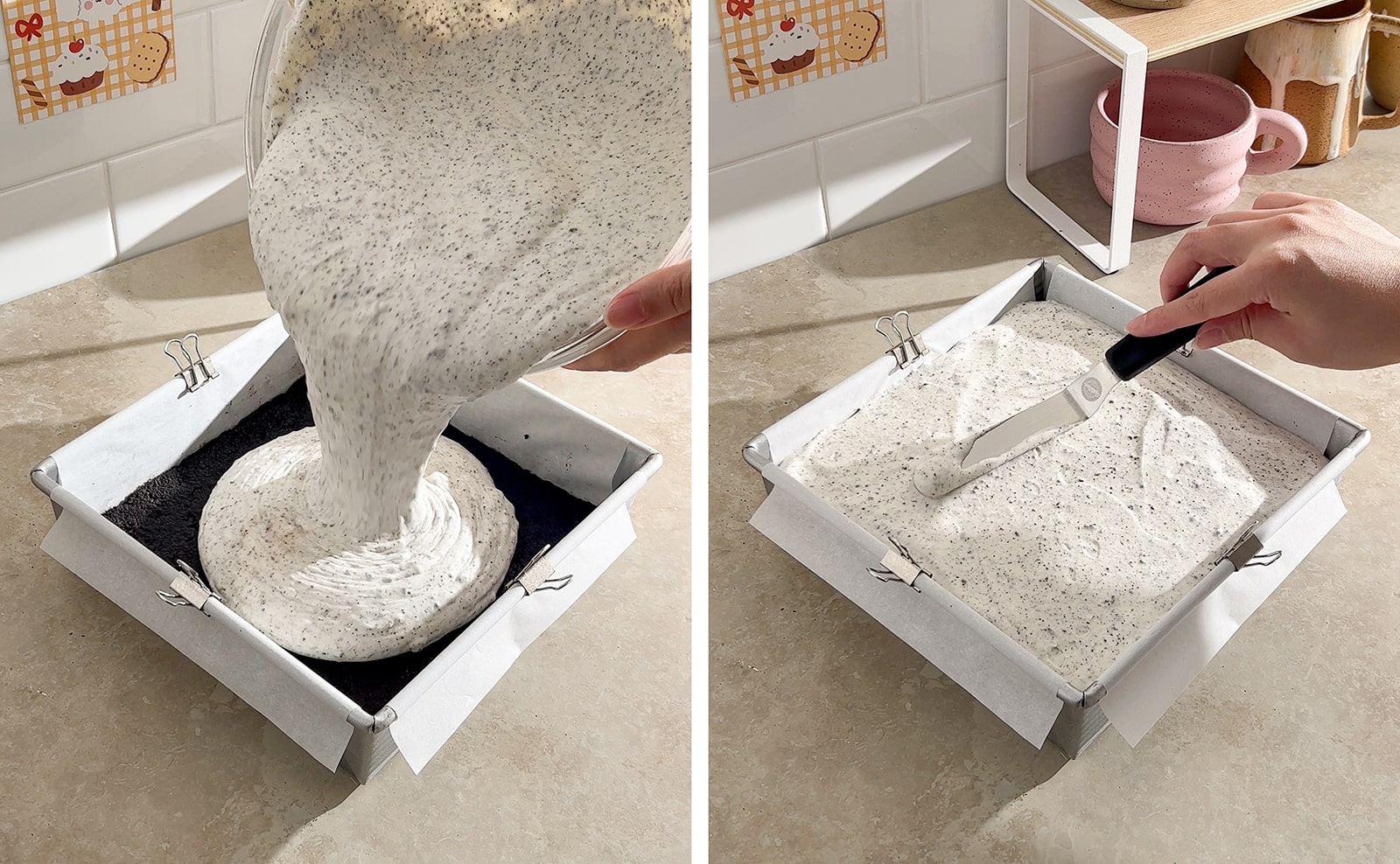 Left to right: pouring oreo ice cream mixture on top of crust in pan, smoothing cream mixture in pan with an offset spatula.