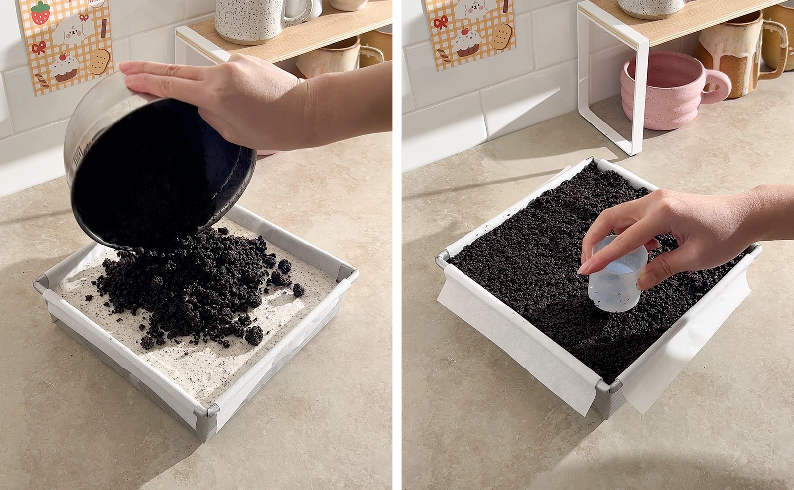 Left to right: pouring oreo crust mixture on top of ice cream layer in pan, hand pressing crust into flat layer with a small cup.