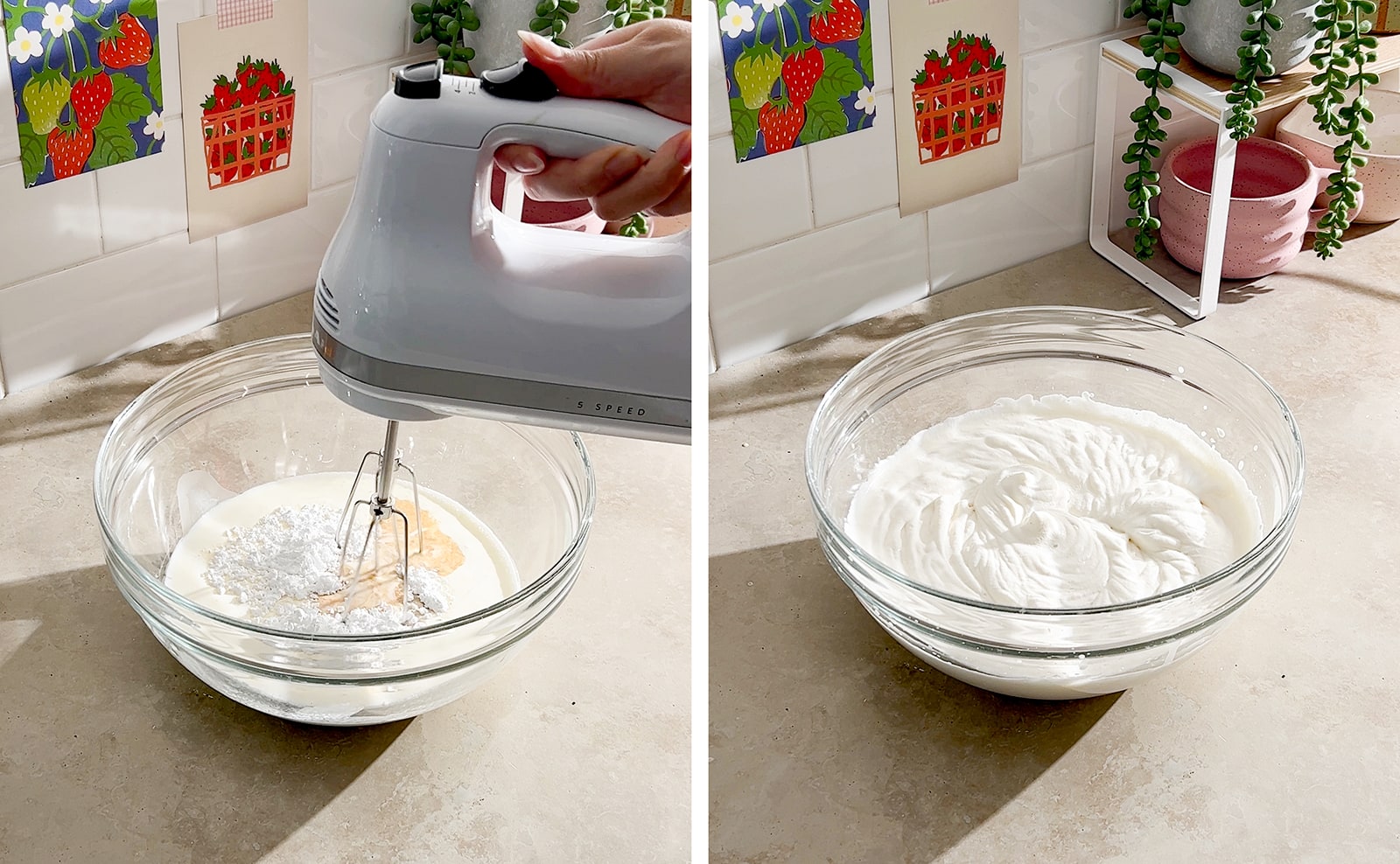 Left to right: hand mixer in a mixing bowl with ingredients, whipped cream in a mixing bowl.