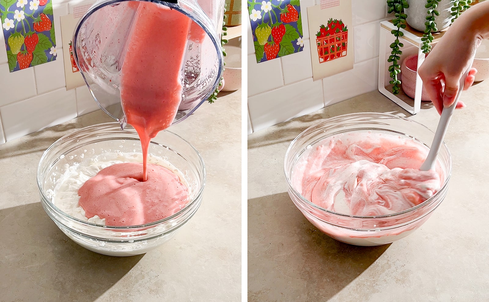 Left to right: pouring strawberry puree into bowl of whipped cream, folding strawberry puree into whipped cream with spatula.