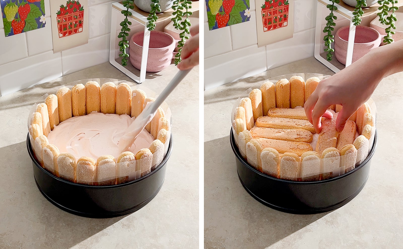 Left to right: spreading strawberry mousse mixture into pan with spatula, hand placing layer of ladyfingers on top of mousse layer.
