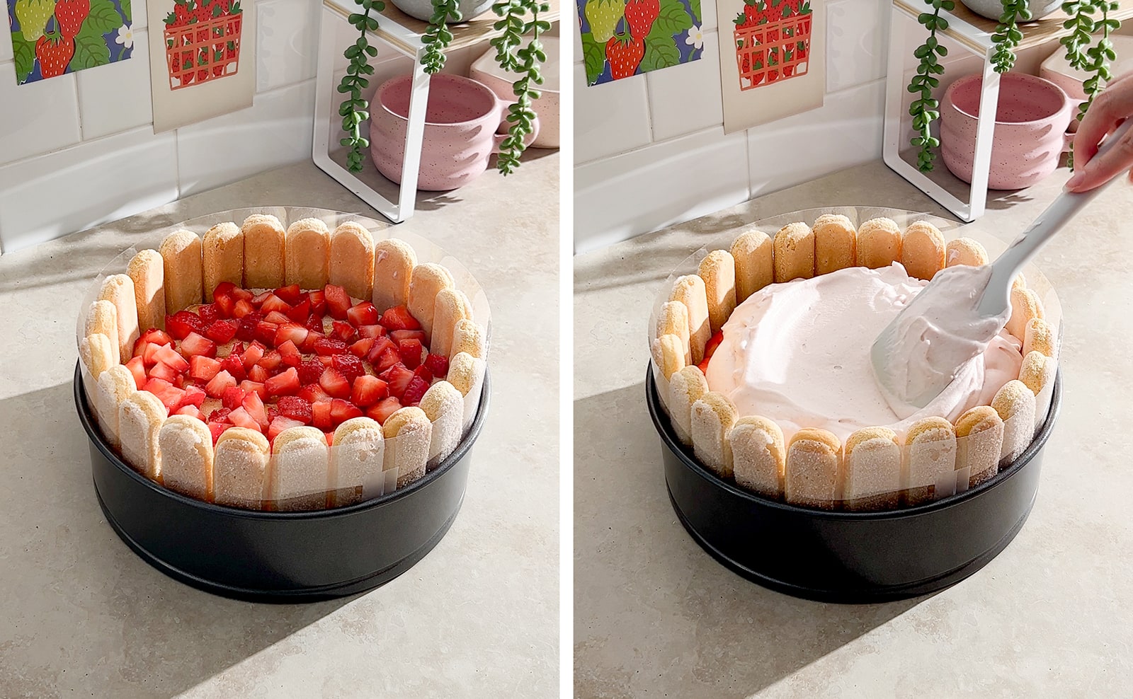 Left to right: layer of diced strawberries on top of layer of ladyfingers, spatula spreading mousse on top of cake.